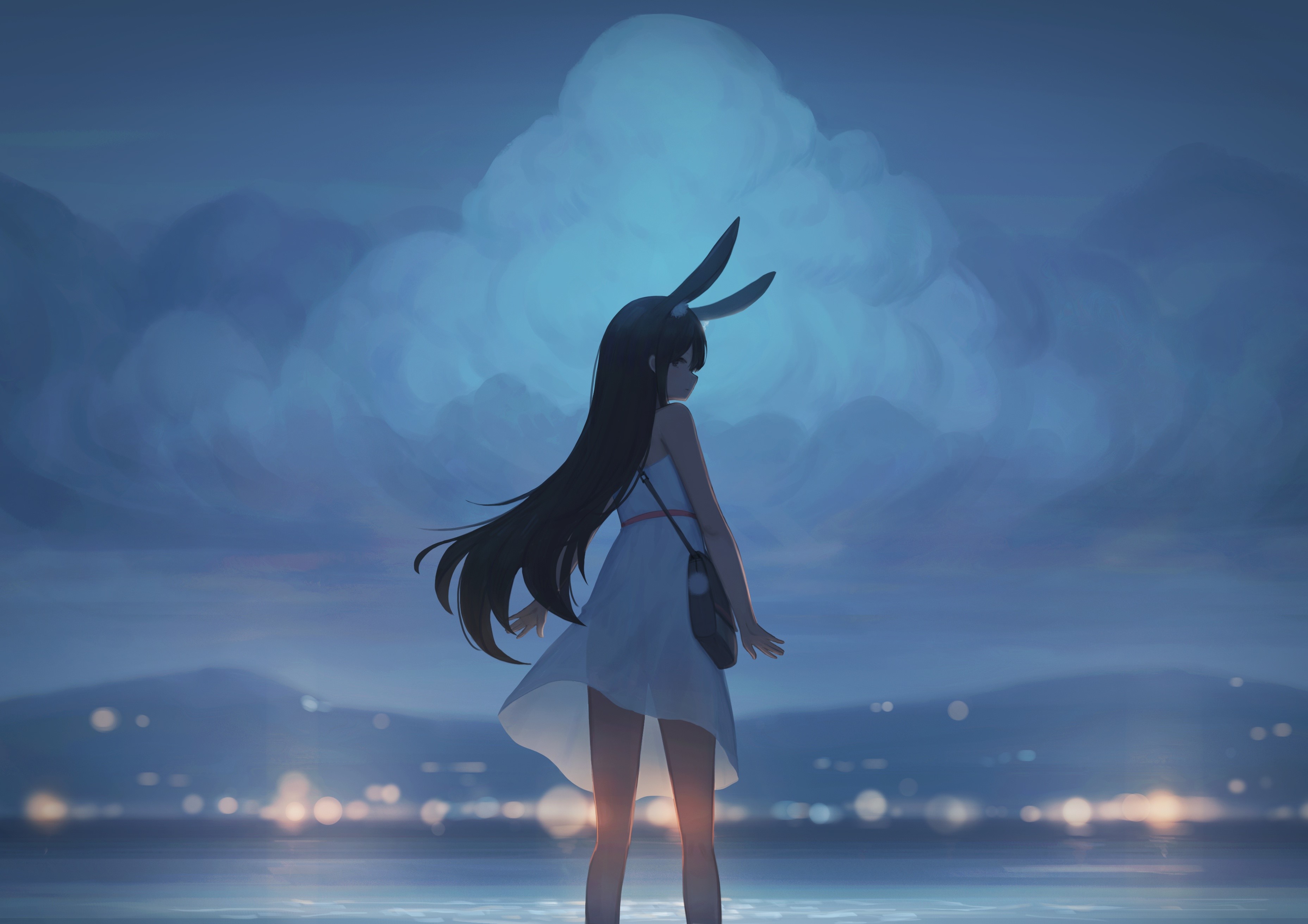 Wallpaper / city lights, neko ears, white dress, bunny ears, bunny girl, sky, anime free download