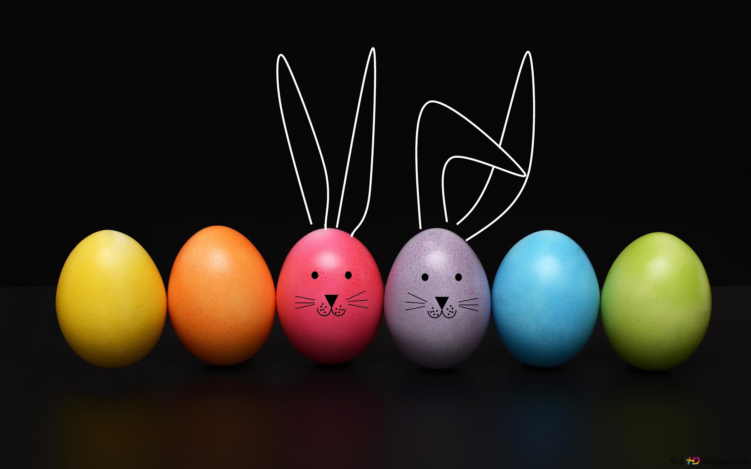 Colored Easter eggs bunny ears with black background 4K wallpaper download