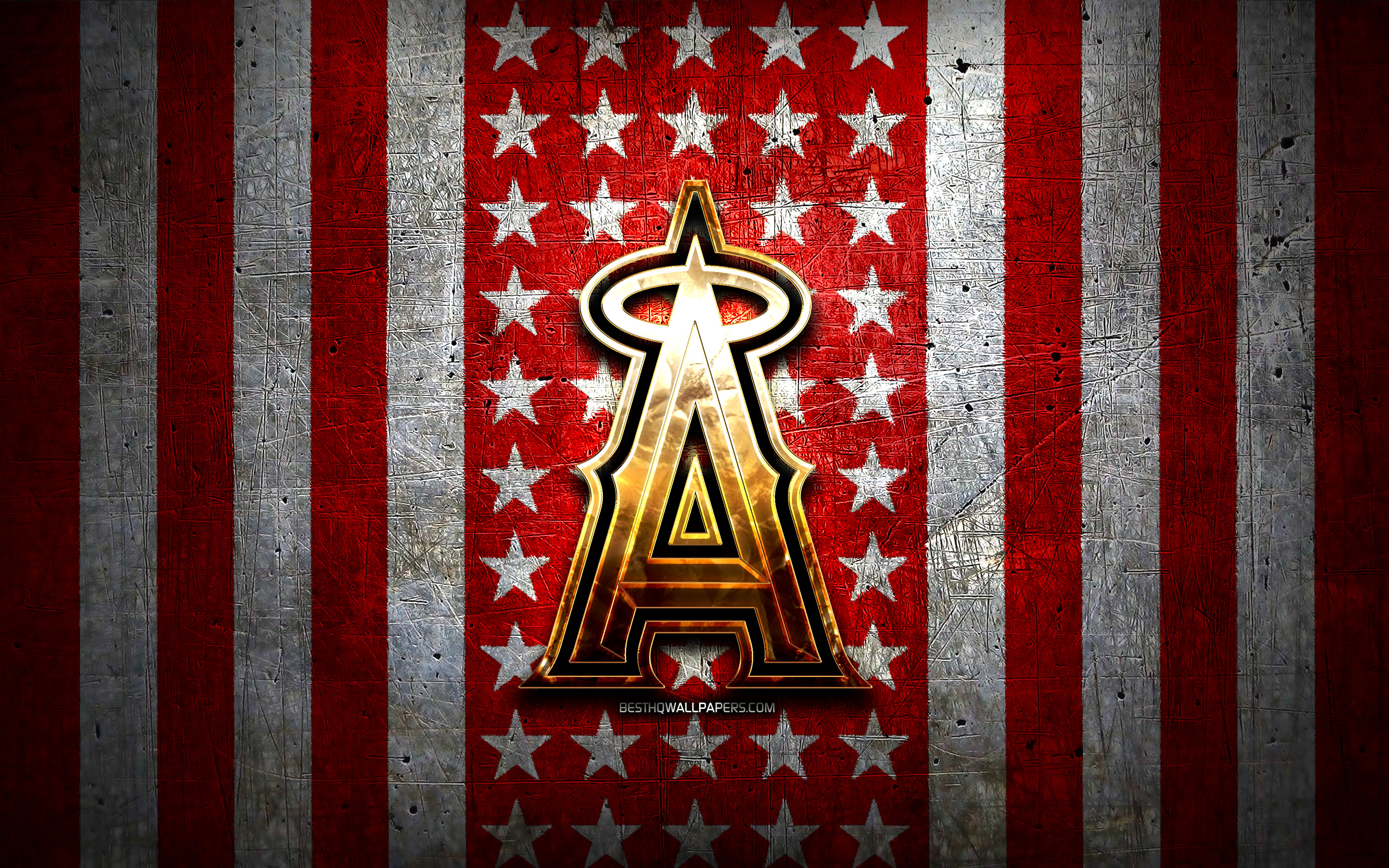 Download wallpaper Los Angeles Angels flag, MLB, red white metal background, american baseball team, Los Angeles Angels logo, USA, baseball, Los Angeles Angels, golden logo, LA Angels for desktop with resolution 2880x1800