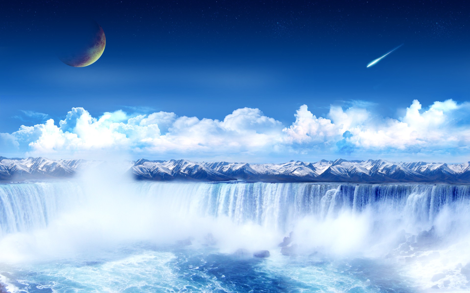 HD desktop wallpaper: Fantasy, Moon, Waterfall, Planet, Cloud, Meteor download free picture