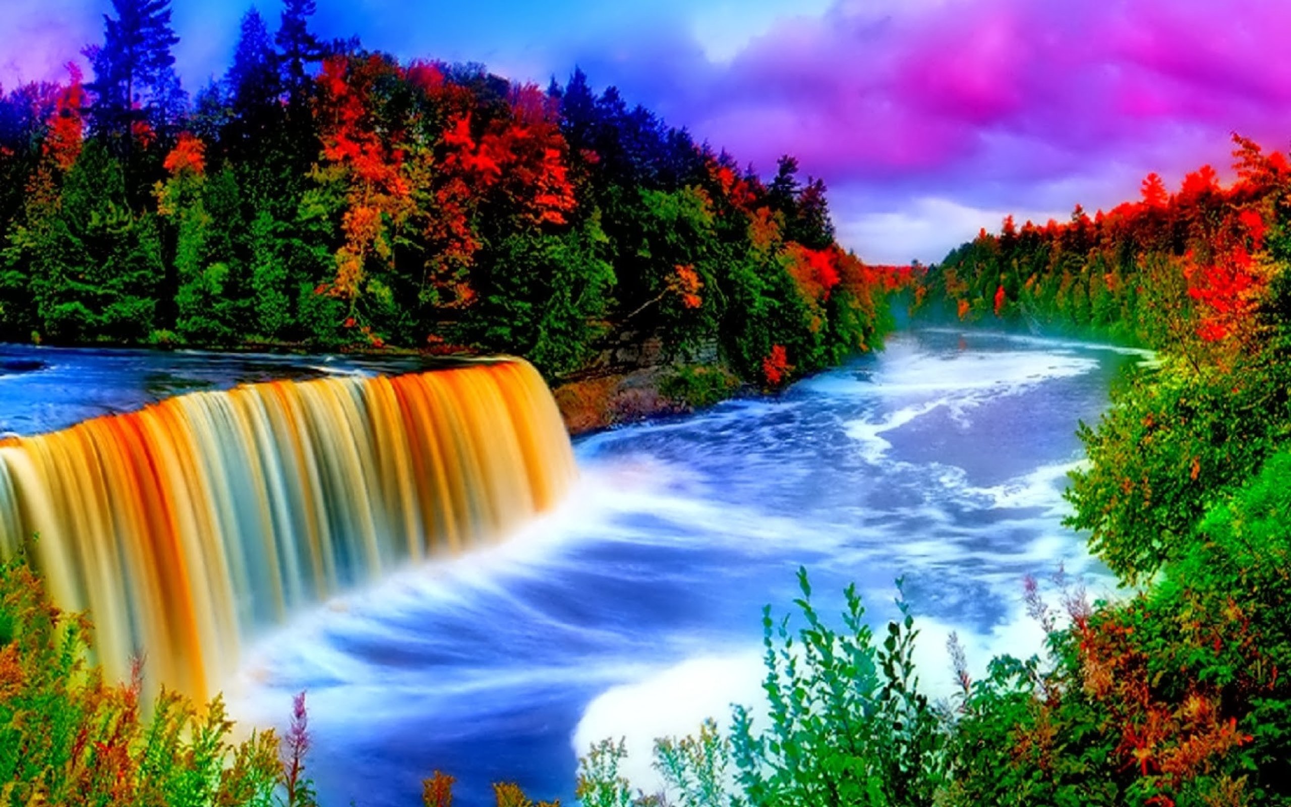Wallpaper Water Falls Surrounded by Trees Under Blue Sky, Background Free Image