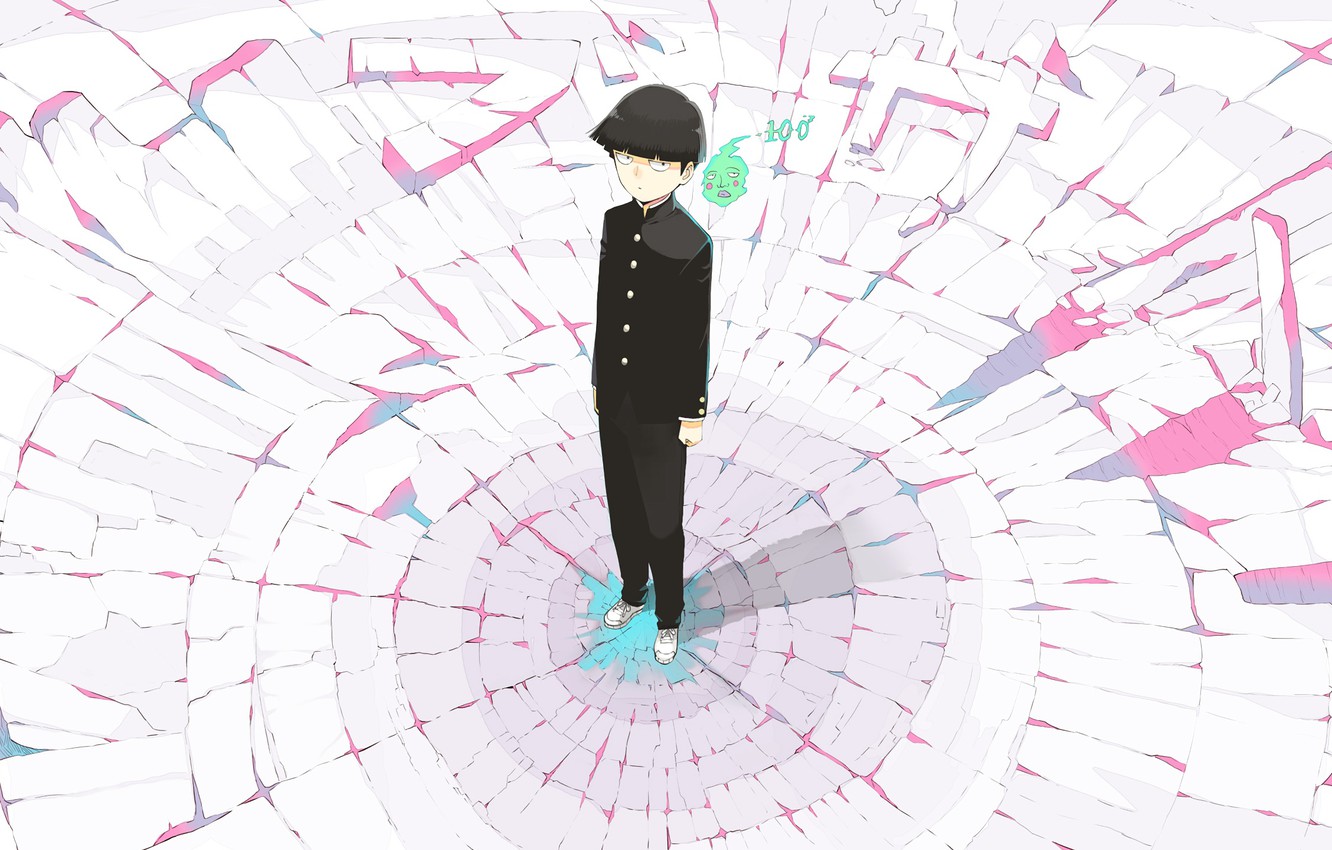 Wallpaper white, cracked, green, pink, black, spirit, anime, costume, Ghost, manga, superhero, Mob Psycho 100, Mob psycho 100, Mob, Shigeo Kageyama, Shigeo Kageyama image for desktop, section арт