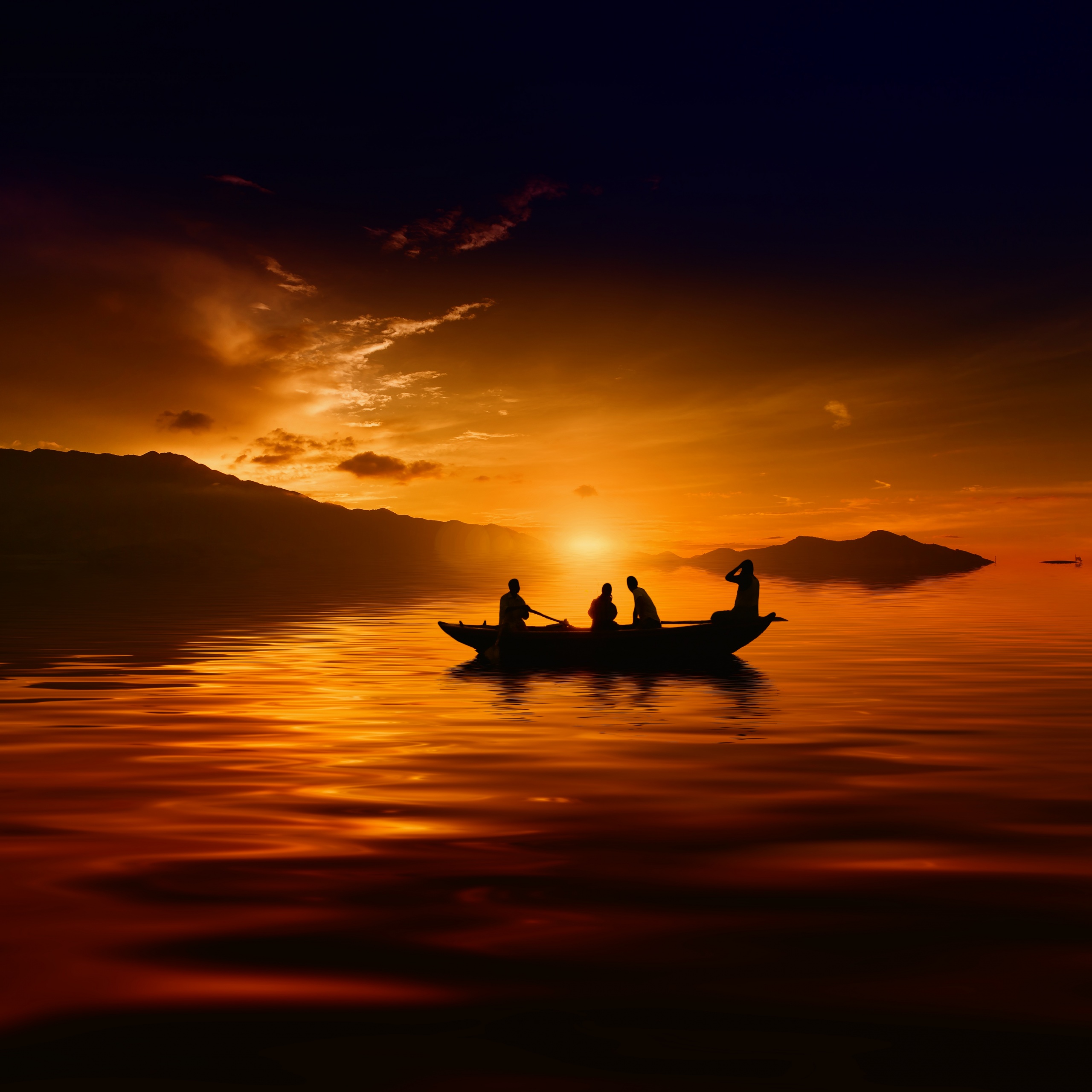 Sunset Wallpaper 4K, People, Boat, Nature