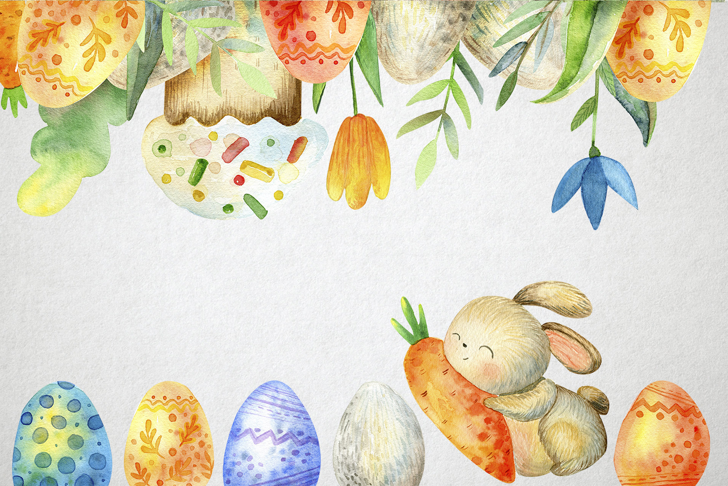 Happy Easter. Watercolor set on Yellow Image Creative Store