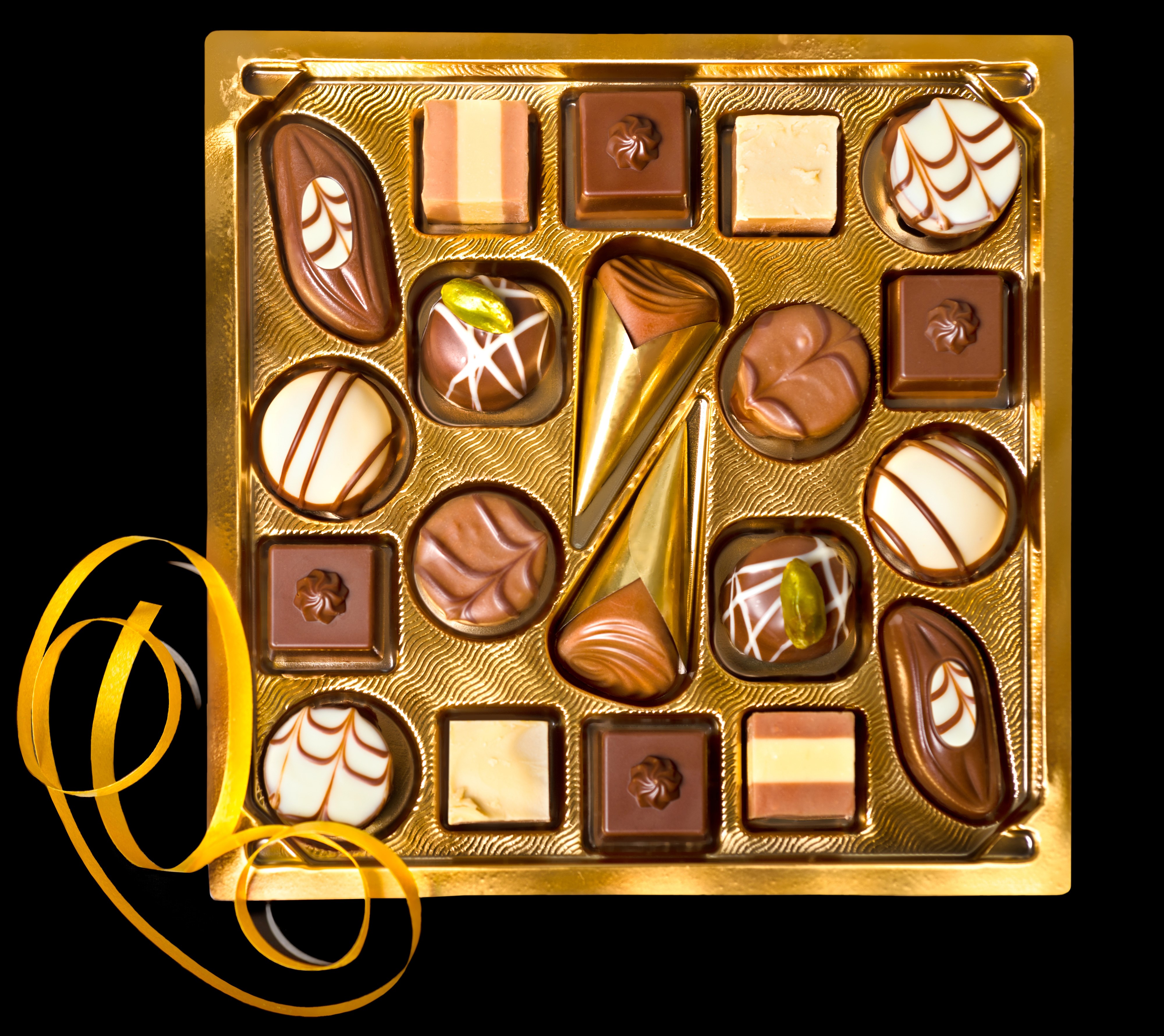 4K, Sweets, Candy, Chocolate, Black background, Box, Design Gallery HD Wallpaper