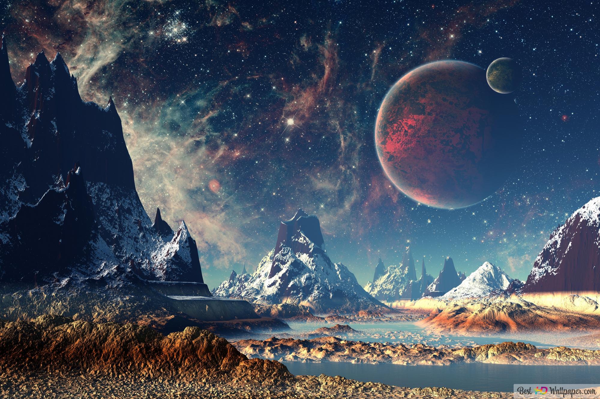Rock Mountains, Planets and the Universe 4K wallpaper download