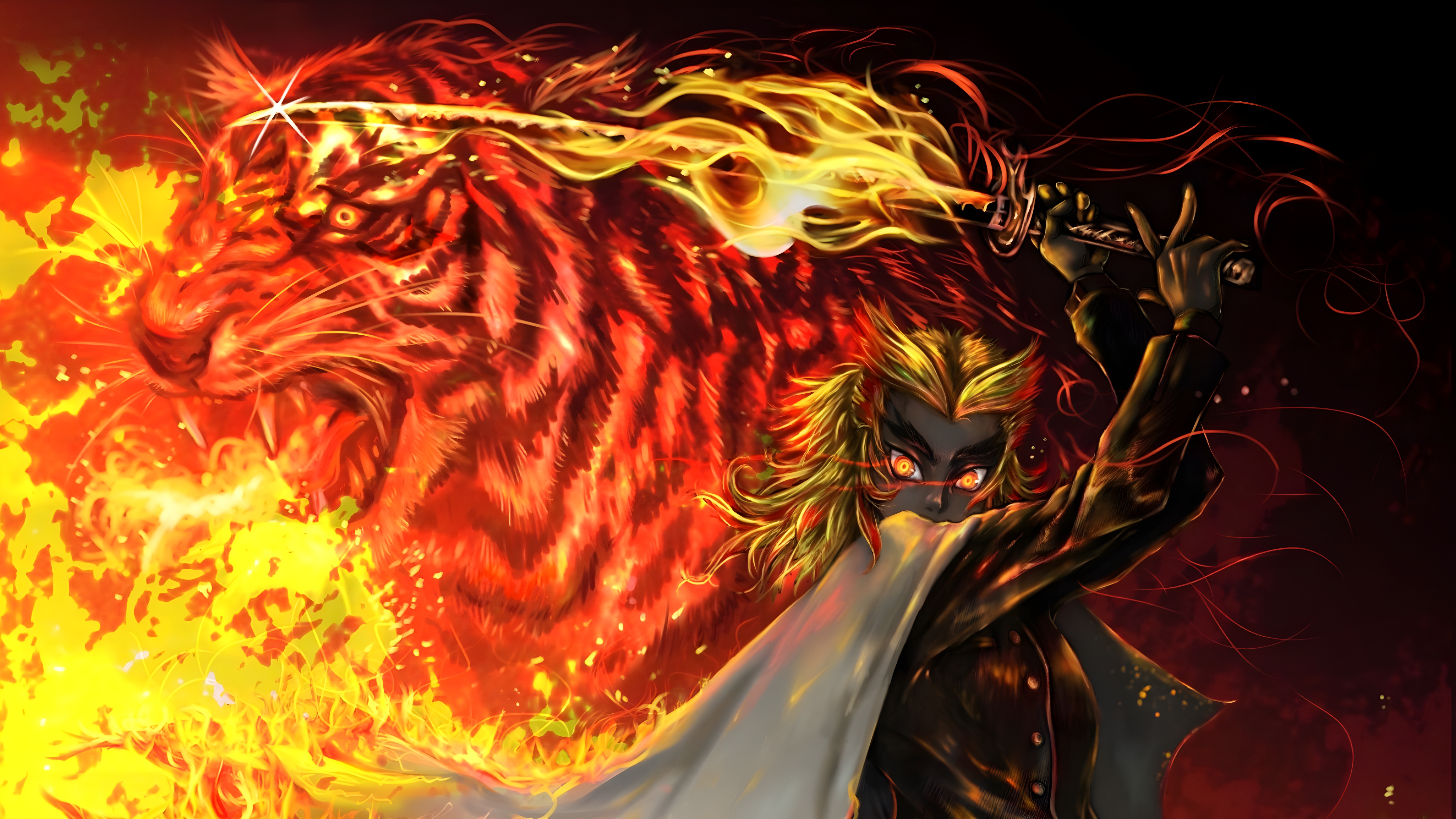 Wallpaper Anime, Kyojuro Rengoku Tiger, Kyjur Rengoku, Tiger, Tanjiro Kamado, Background Free Image