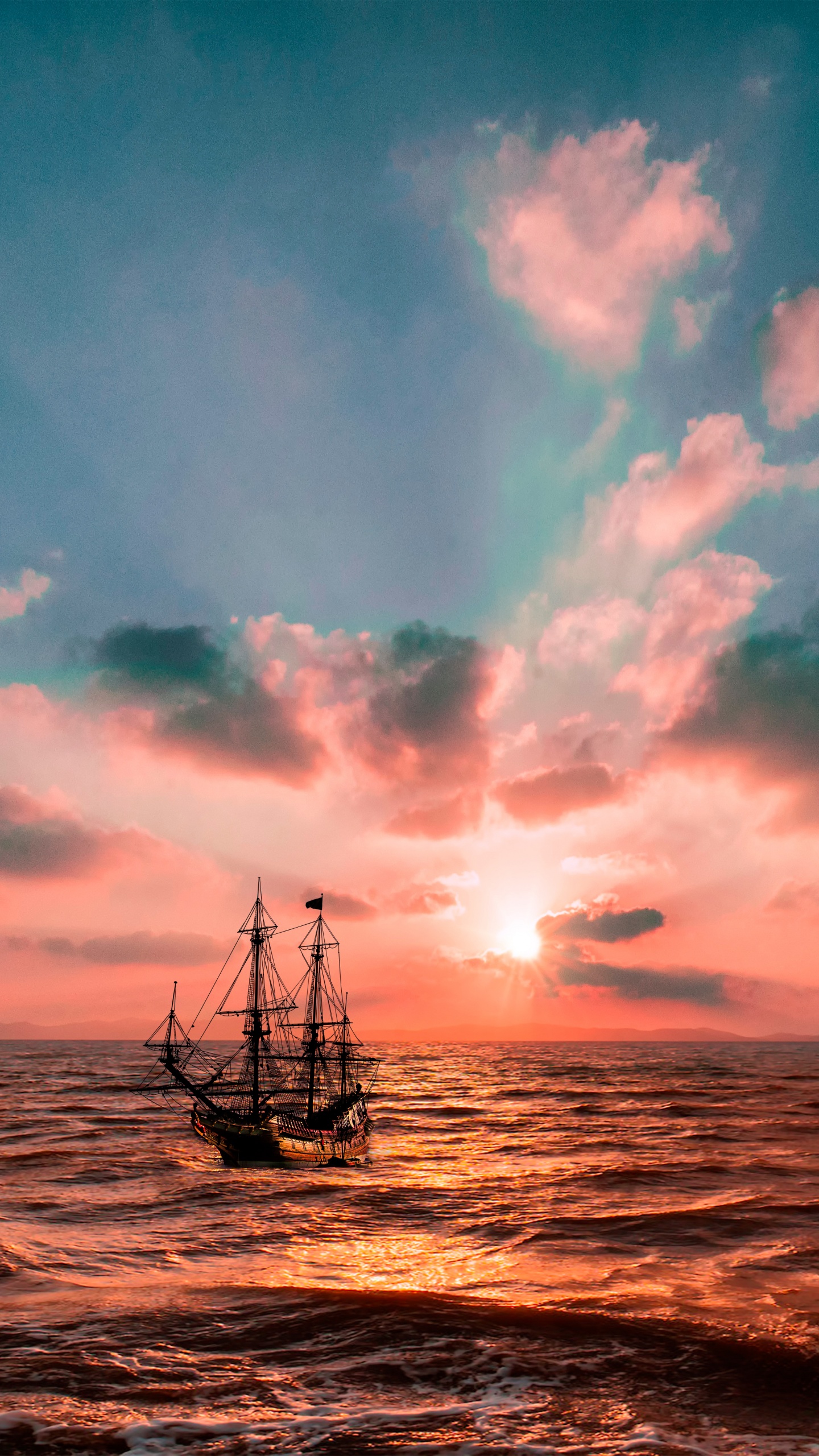 Sunset Wallpaper 4K, Ocean, Boat, Seascape, Nature