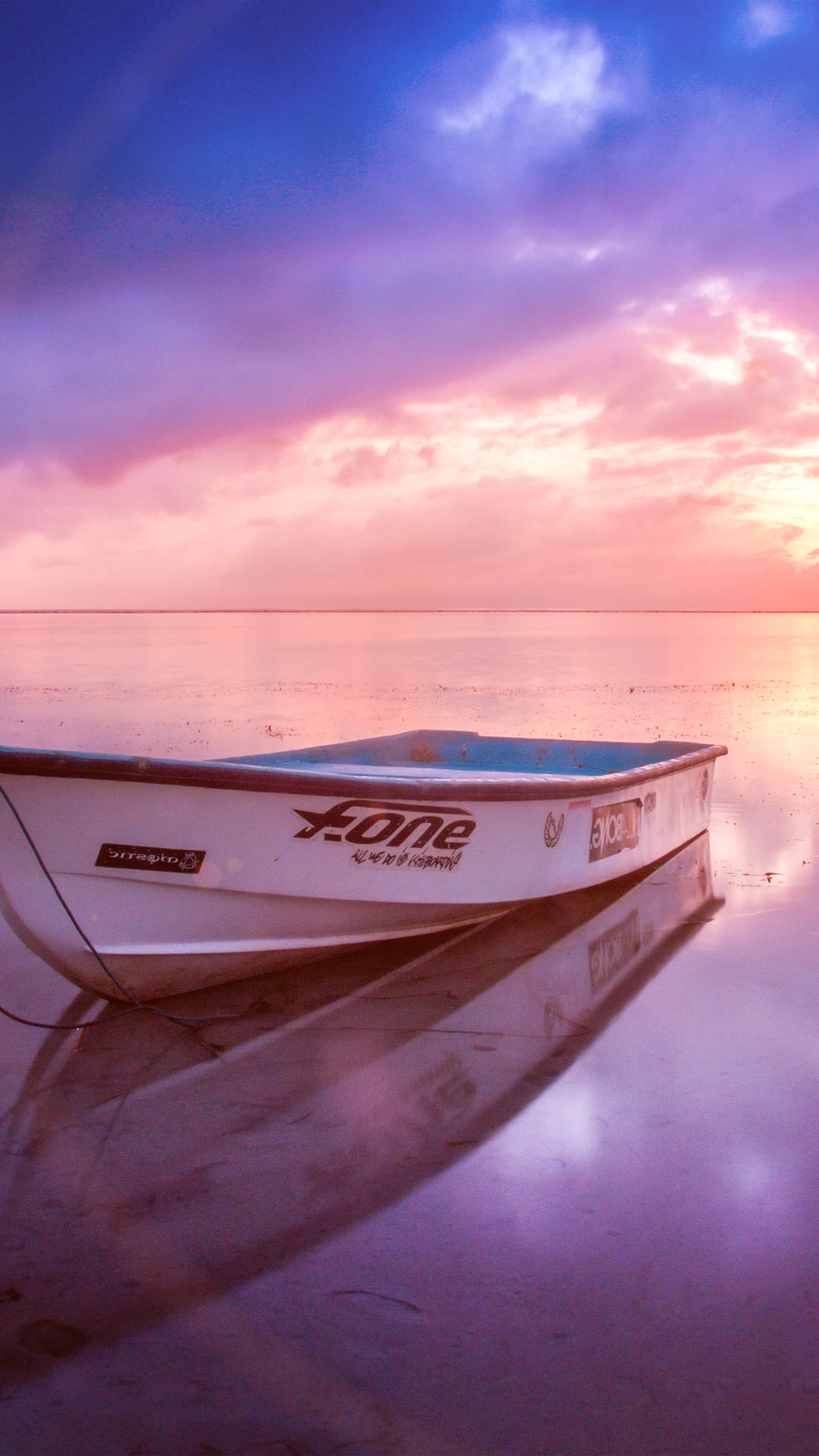 Nature Sea Beach Boat Alone Sunset Blue Pink Flare Wallpaper