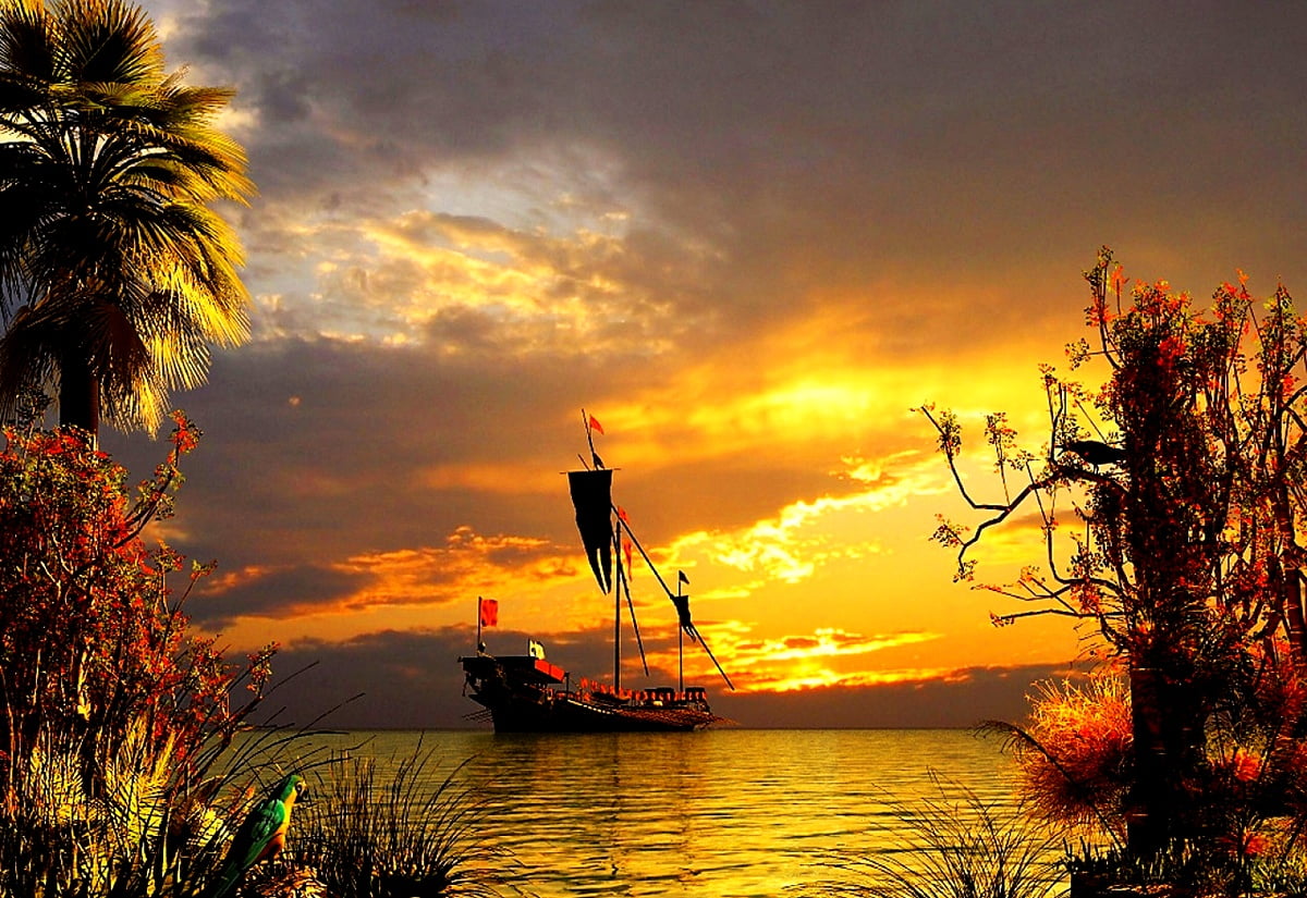 Cool wallpaper Frigate, Nature, Sunset. FREE Best background