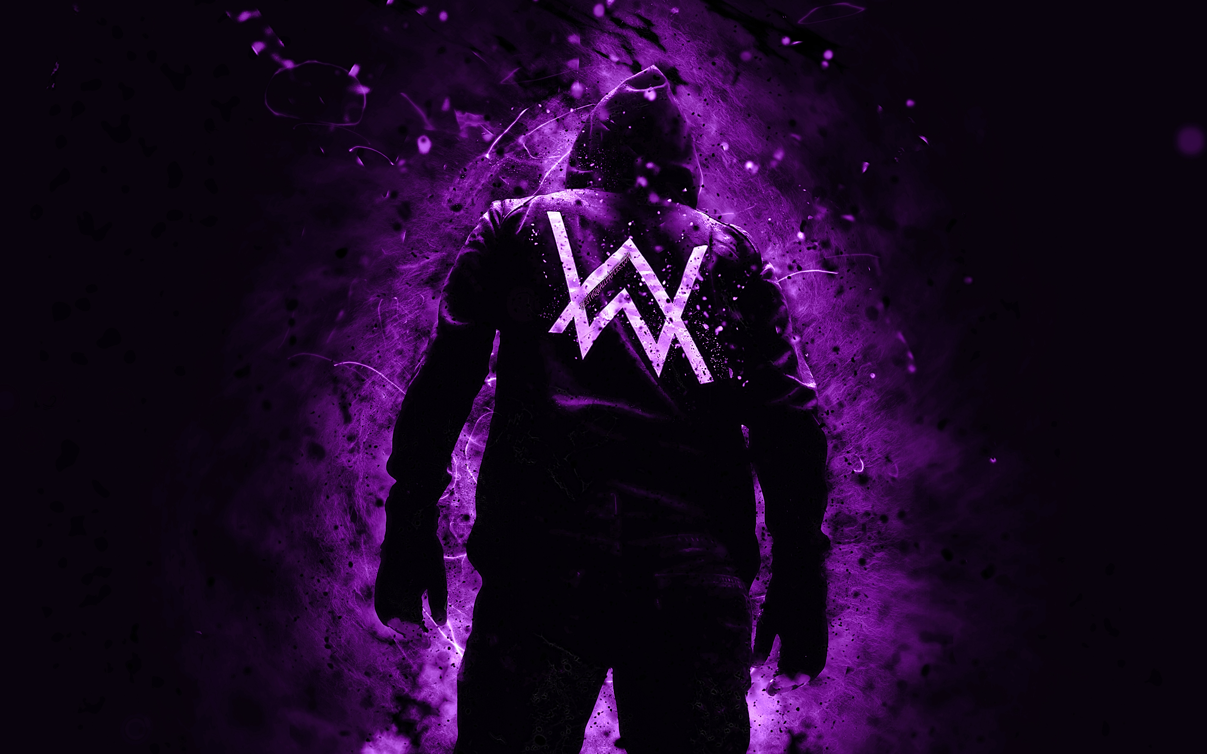 Download wallpaper Alan Walker, 4k, superstars, dark violet neon lights, DJ Alan Walker, back view, DJs, Alan Olav Walker, fan art, Alan Walker 4K for desktop with resolution 3840x2400. High Quality HD