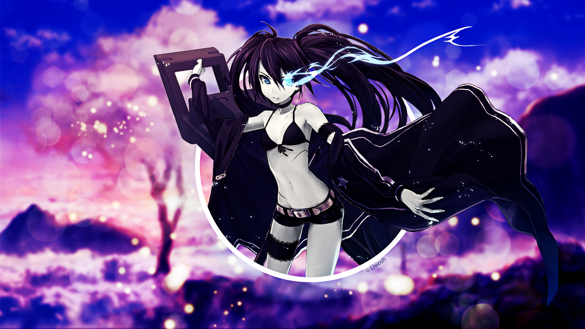 Black Rock Shooter Anime Sparkle Sakura Blossom Violet Blue Pink Landscape Dark Picture In Picture Wallpaper:1920x1080