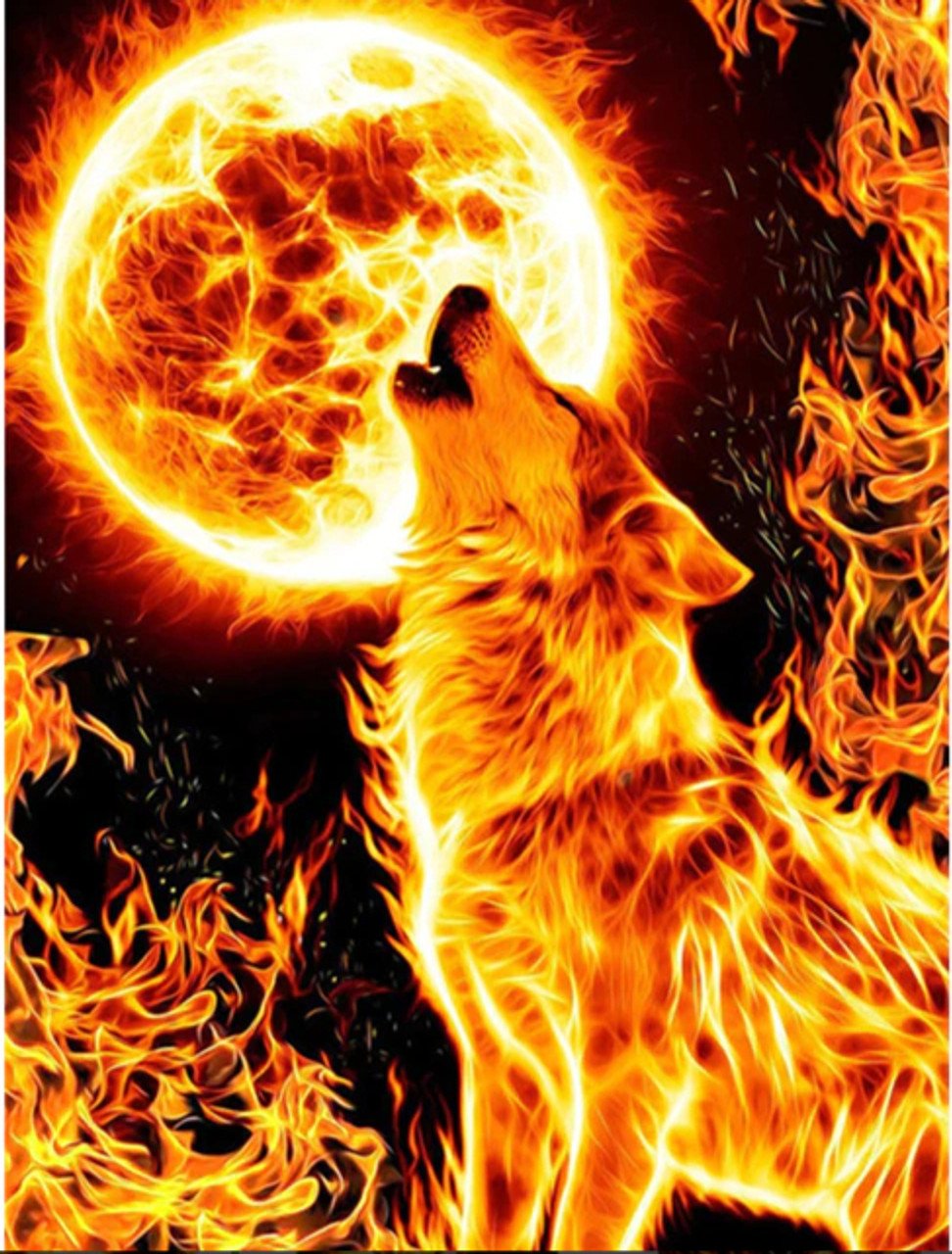 5D Diamond Painting Fire Wolf and Moon Kit