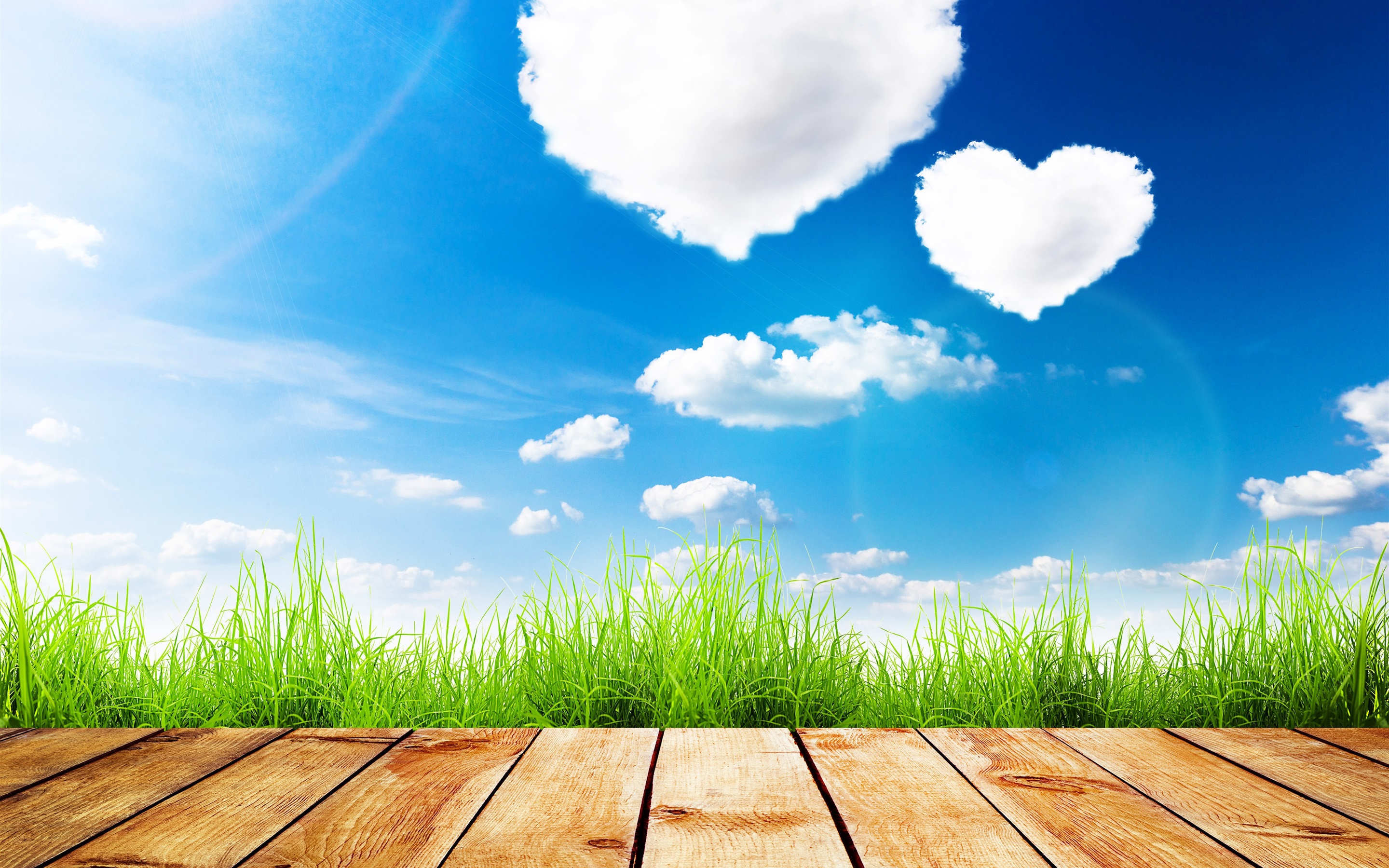 Wallpaper Summer, blue sky, love heart clouds, grass, wood board 3840x2160 UHD 4K Picture, Image