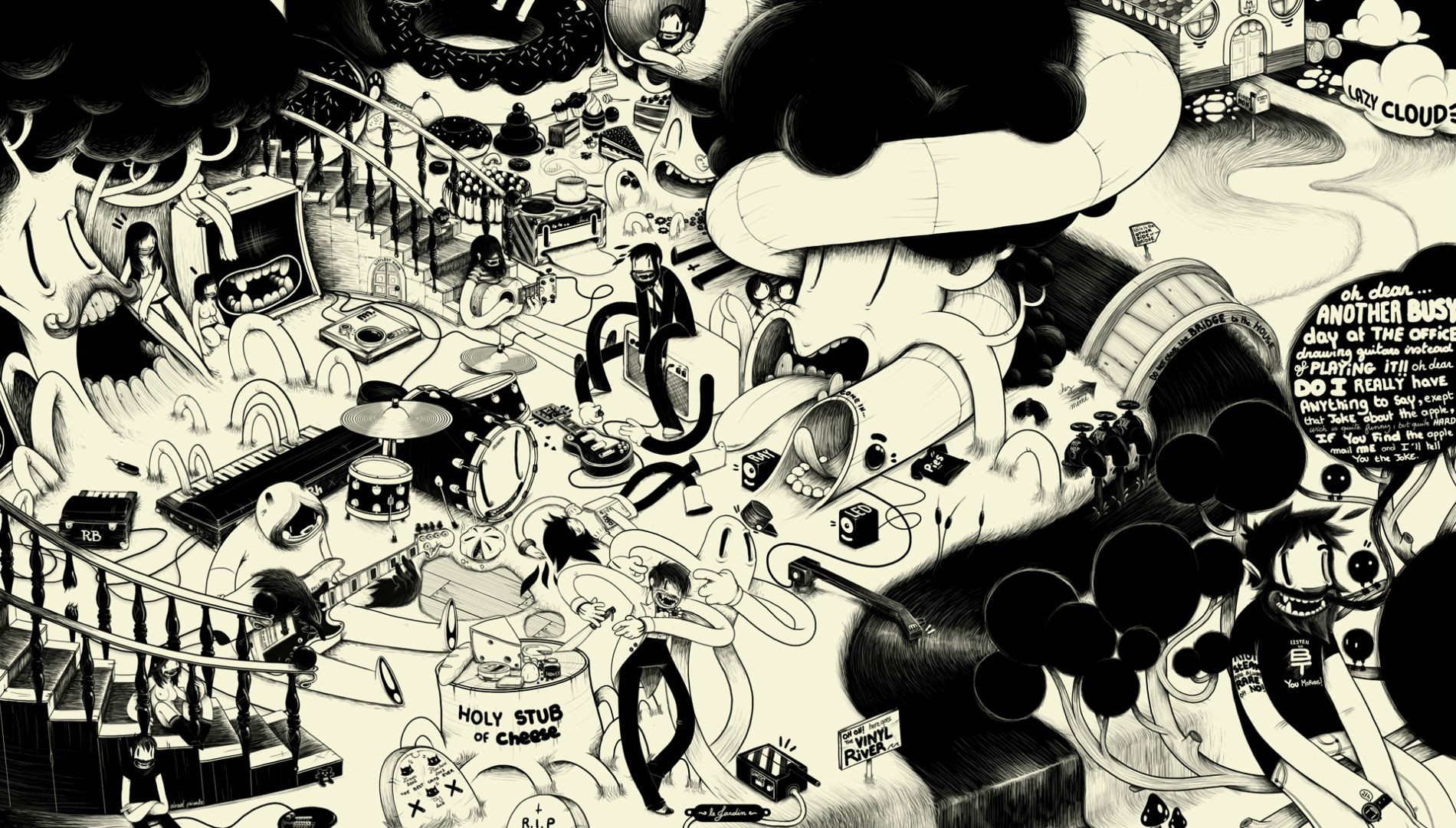 Wallpaper, drawing, illustration, artwork, cartoon, comics, poster, ART, sketch, black and white, monochrome photography, font, album cover, comic book, photomontage 1900x1080