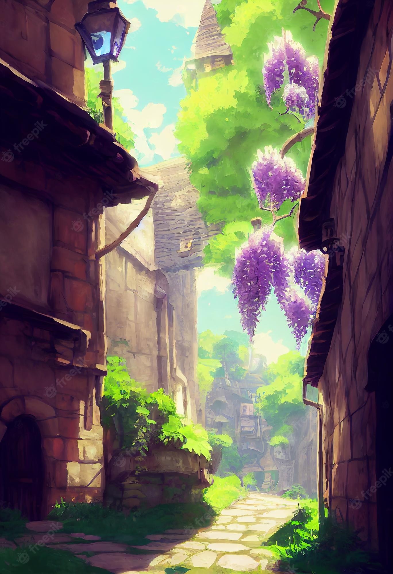 Premium Photo. Medieval alleyway wisteria cozy summer anime background animation