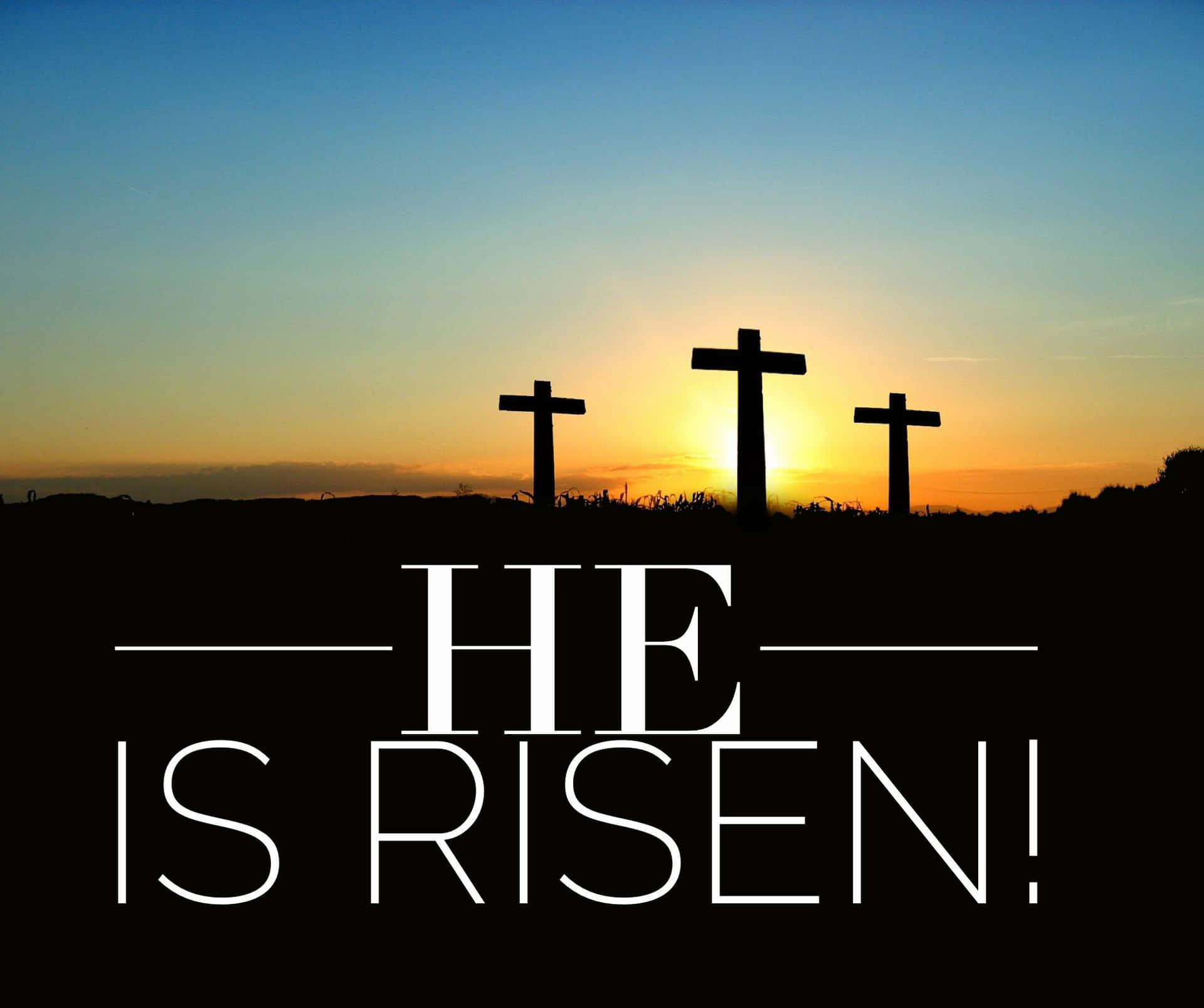 Download He Is Risen With Three Crosses In The Background Wallpaper