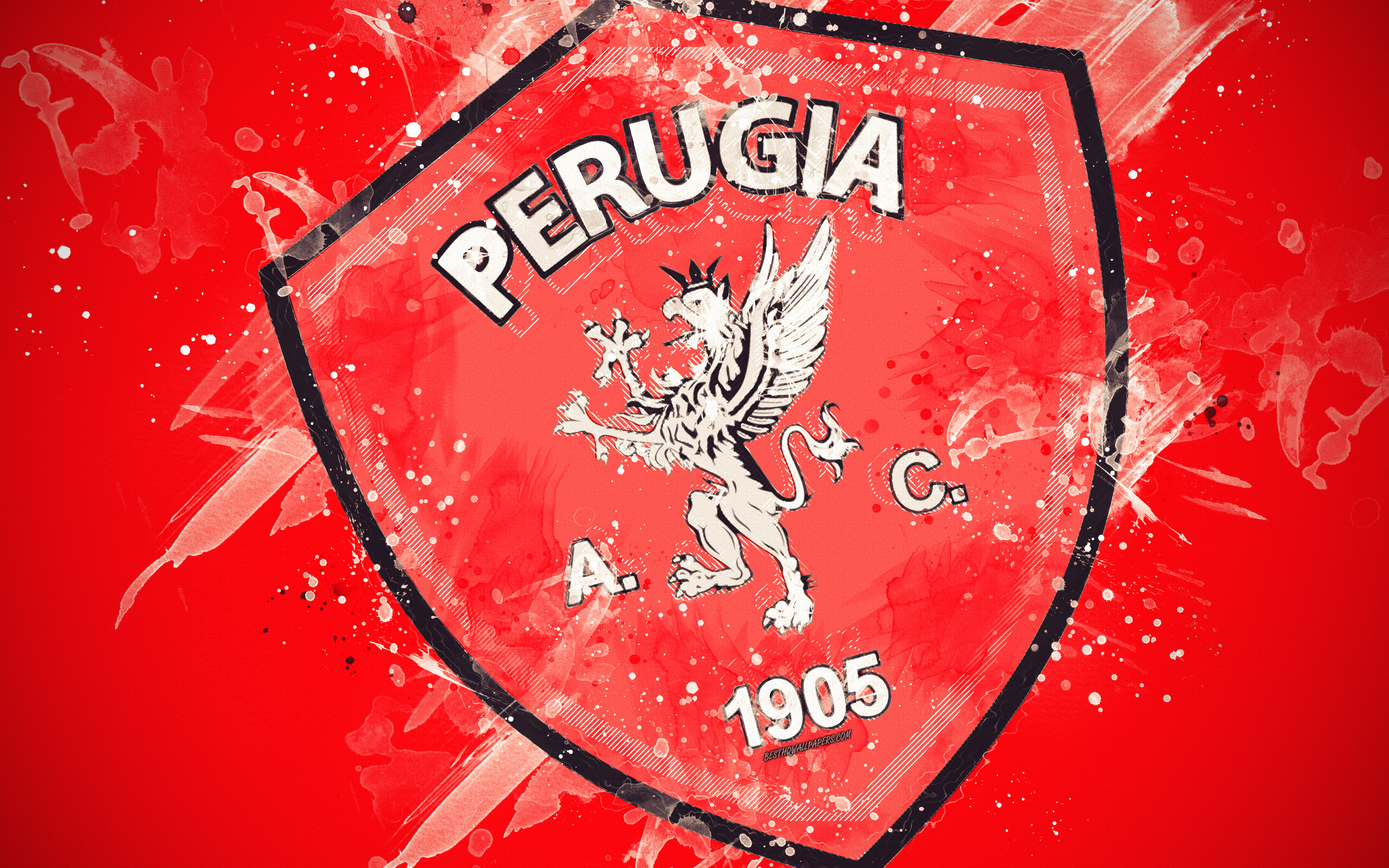 Download wallpaper AC Perugia Calcio, 4k, paint art, creative, logo, Italian football team, Serie B, emblem, red background, grunge style, Perugia, Italy, football, Perugia FC for desktop with resolution 3840x2400. High Quality
