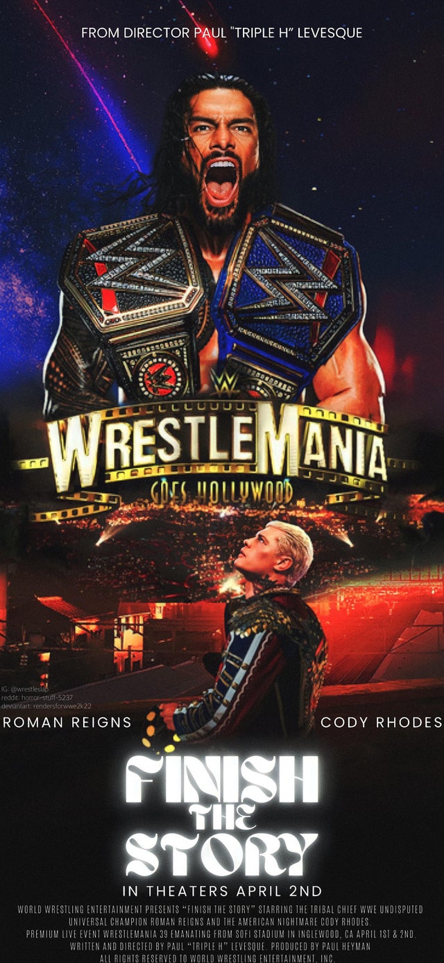 Finish the Story” Custom WrestleMania 39 Movie Poster featuring Roman Reigns and Cody Rhodes
