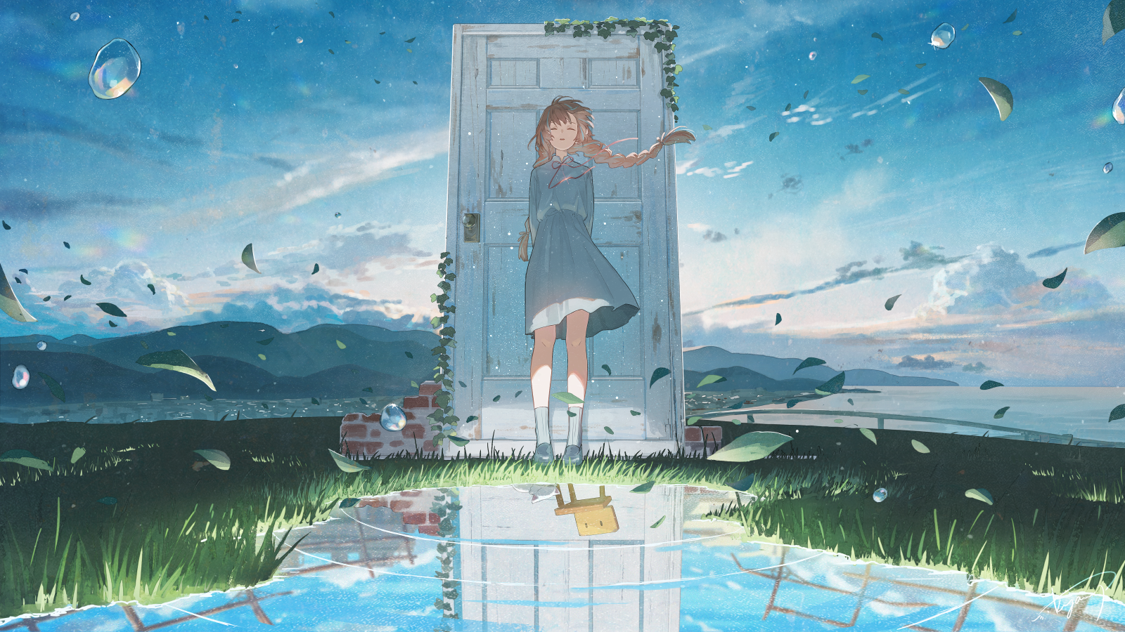 Wallpaper, Suzume, anime girls, artwork, brunette, dress, Braided hair, twintails, anime sky, door, grass 4800x2700
