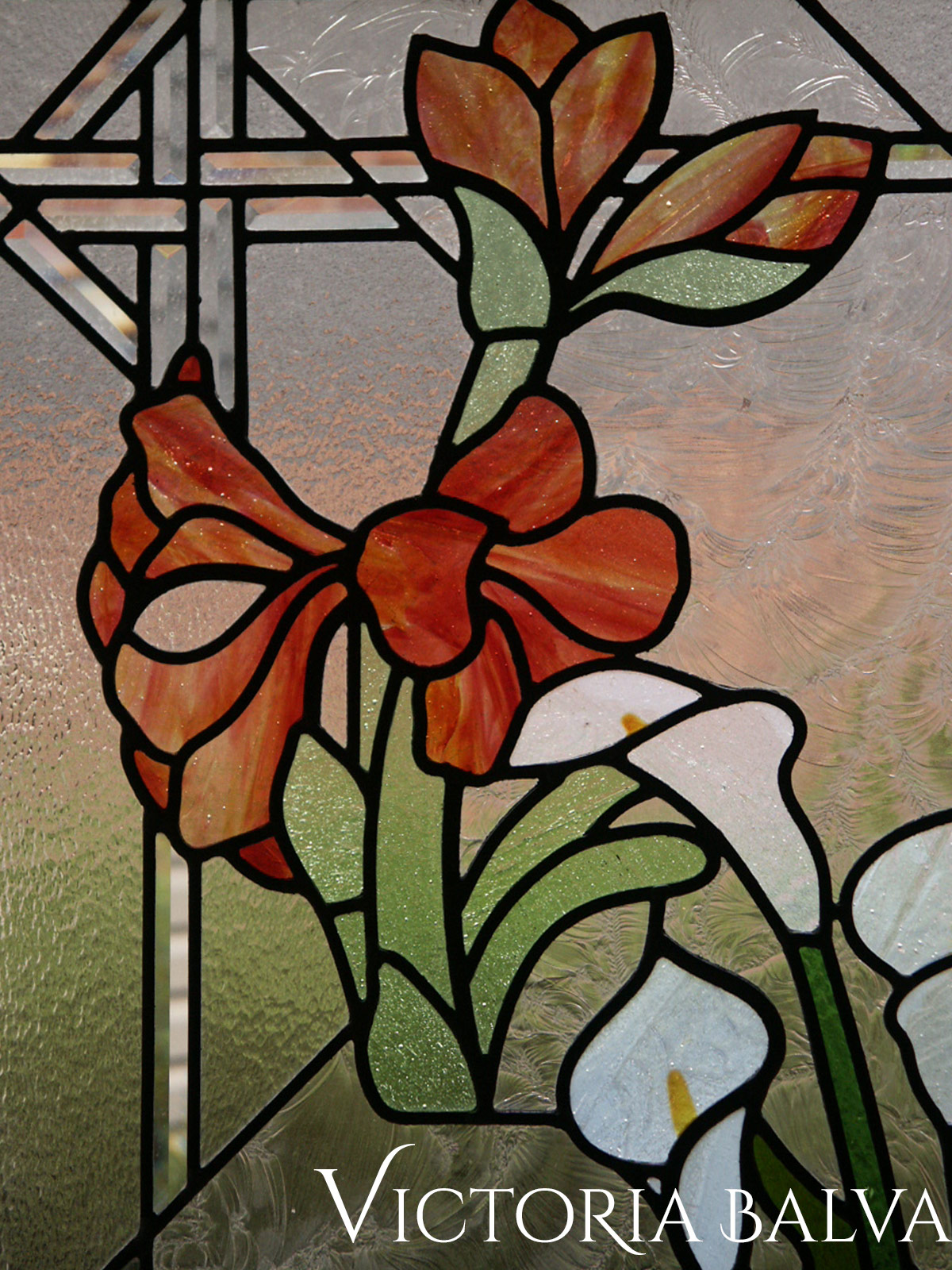 Floral Design Stained And Leaded Glass Window