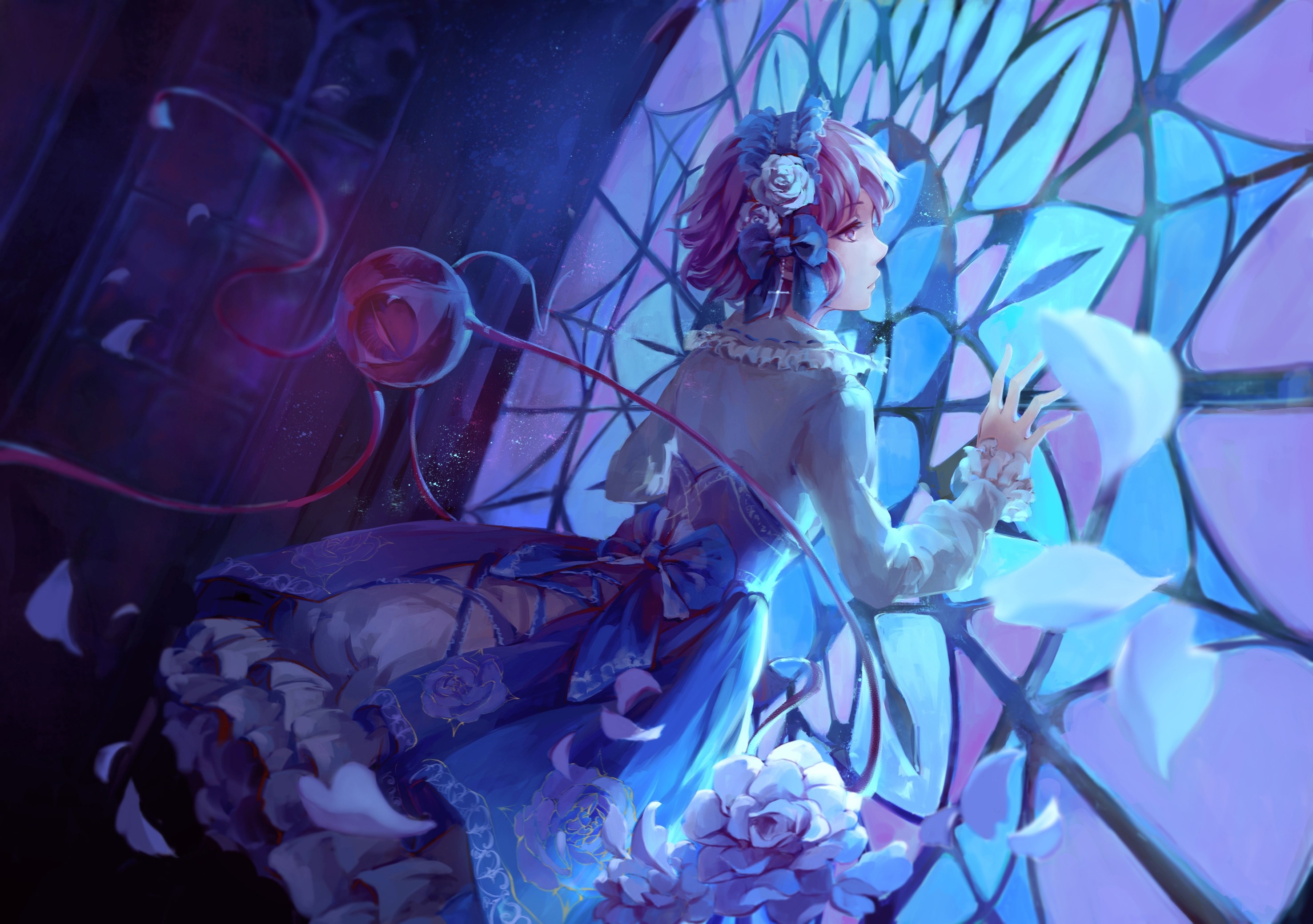 anime, anime girls, Touhou, blue, stained glass, Komeiji Satori, ART, flower, screenshot, computer wallpaper, fractal art, psychedelic art Gallery HD Wallpaper