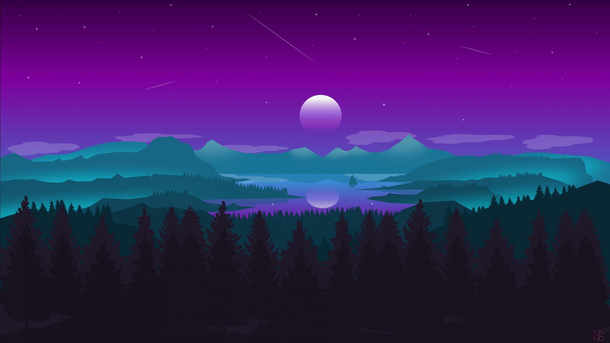 Download wallpaper 2560x1440 horizon, moon, mountains, forest, digital art, dual wide 16:9 2560x1440 HD background, 24942