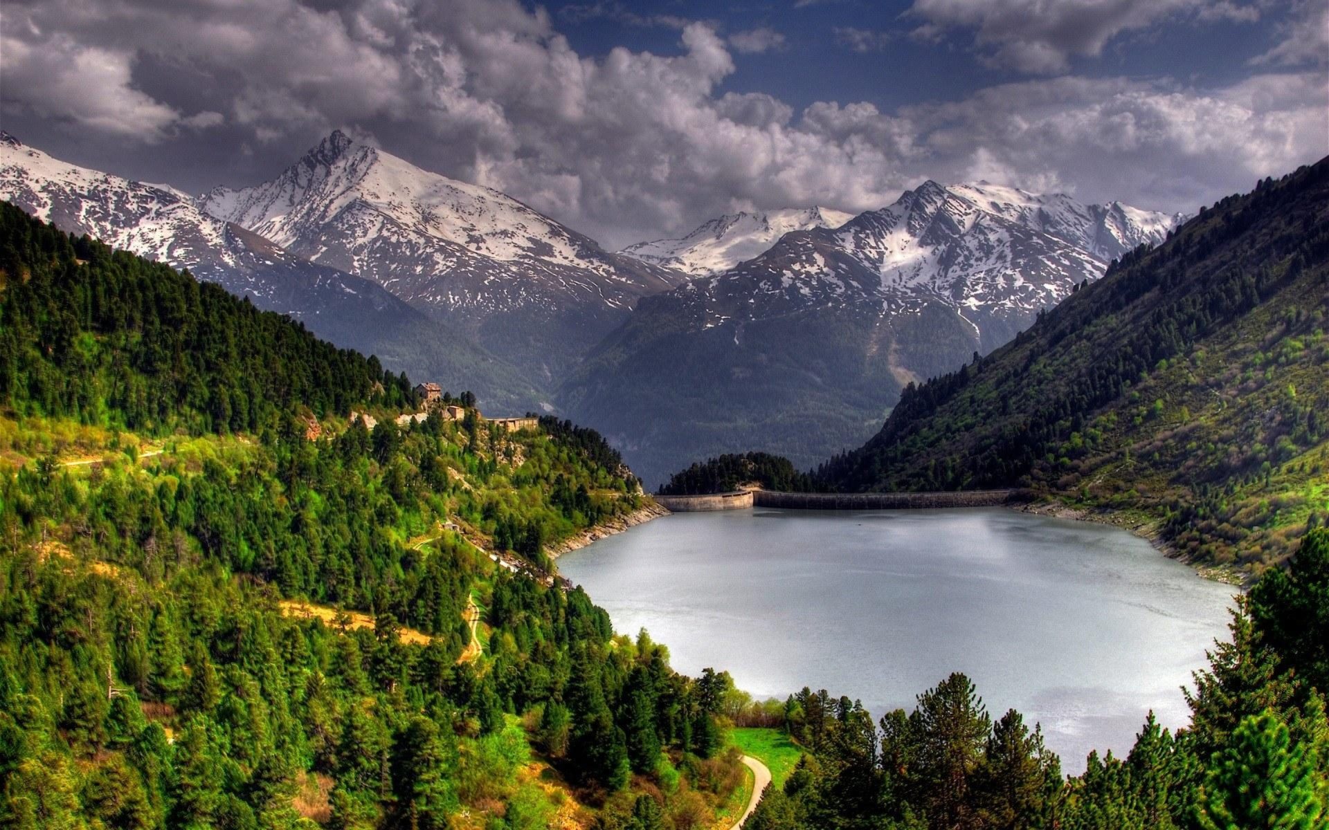 Green Pine Forest, Snowy Mountains, The Lake Where Amir Kabir Dam Iran HD Desktop Wallpaper, Wallpaper13.com