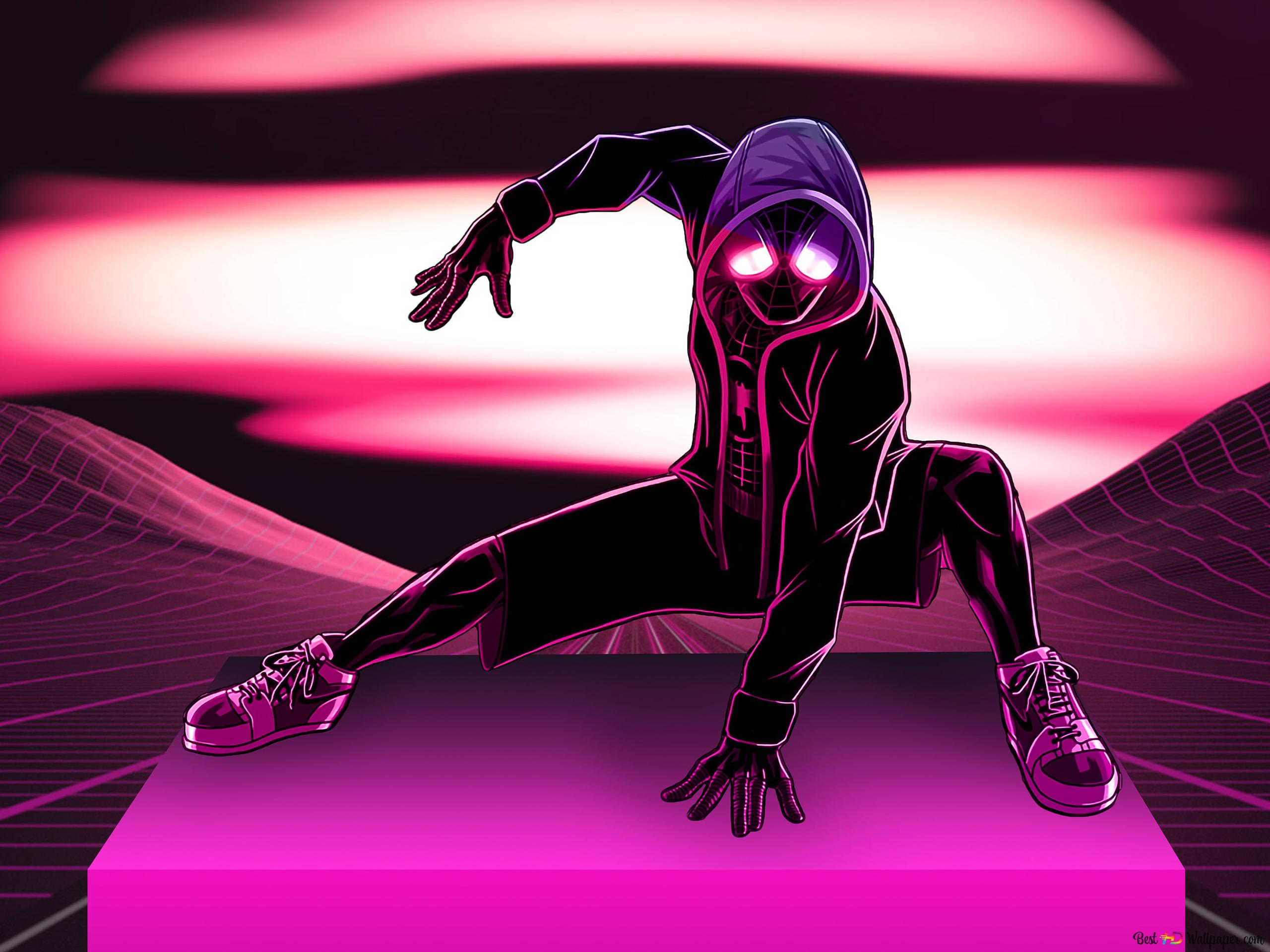 Sneaker superhero displayed in neon light pink and purple setting wearing spiderman costume 4K wallpaper download