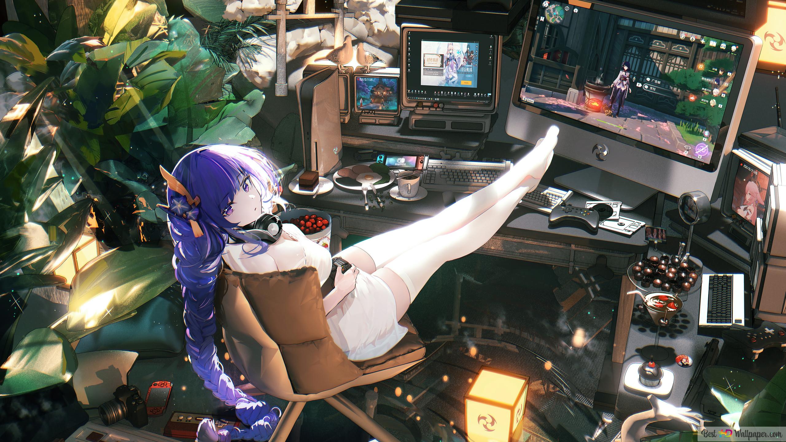 Gamer Anime Girl Desktop Setup 4K wallpaper download