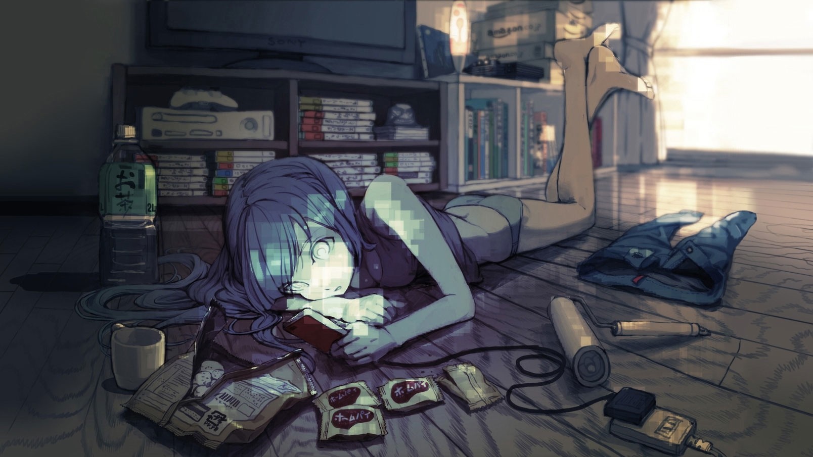 anime girls, blue hair, room, original characters, games, screenshot, gadget, pc game Gallery HD Wallpaper