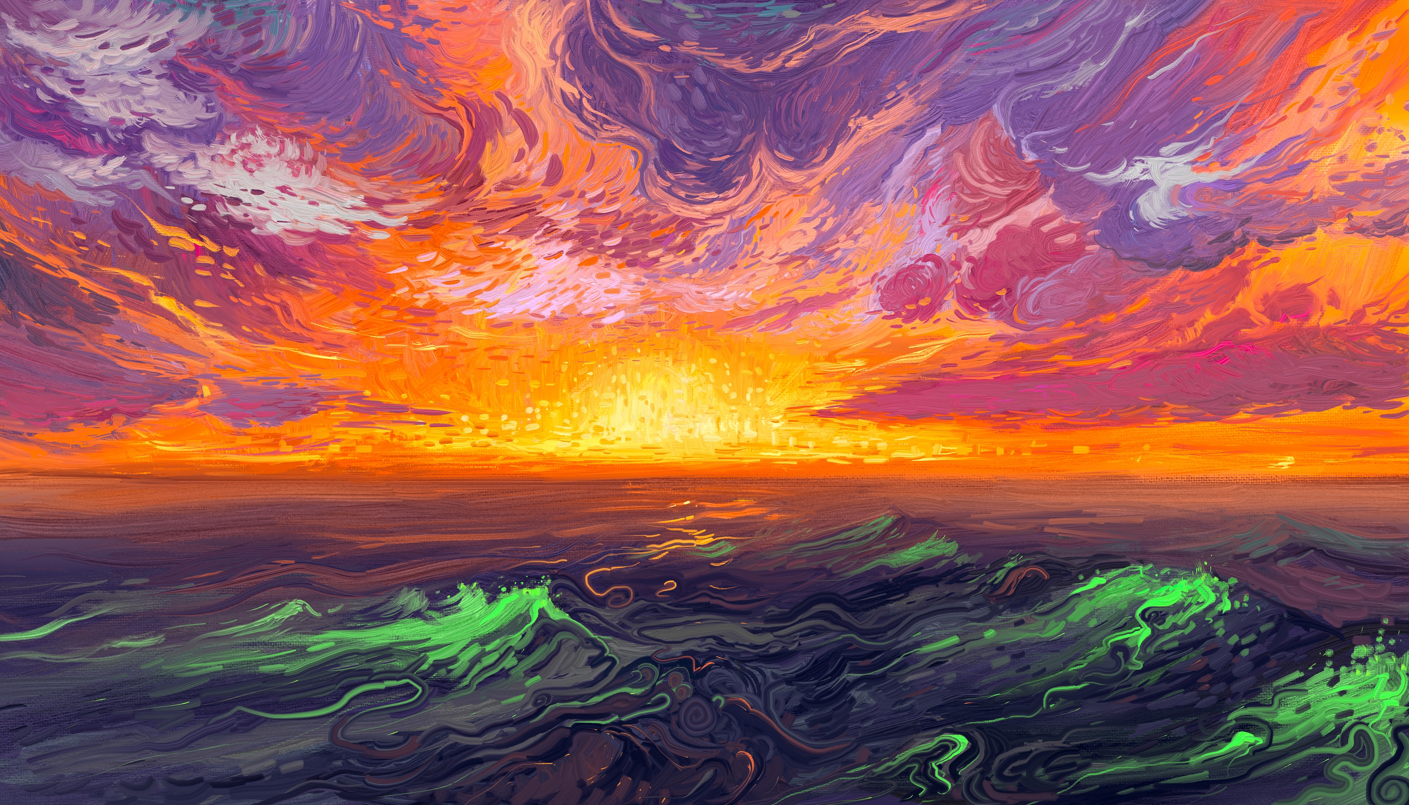 Hangmoon Digital Art Painting Sunrise Waves Sea Wallpaper:4500x2571