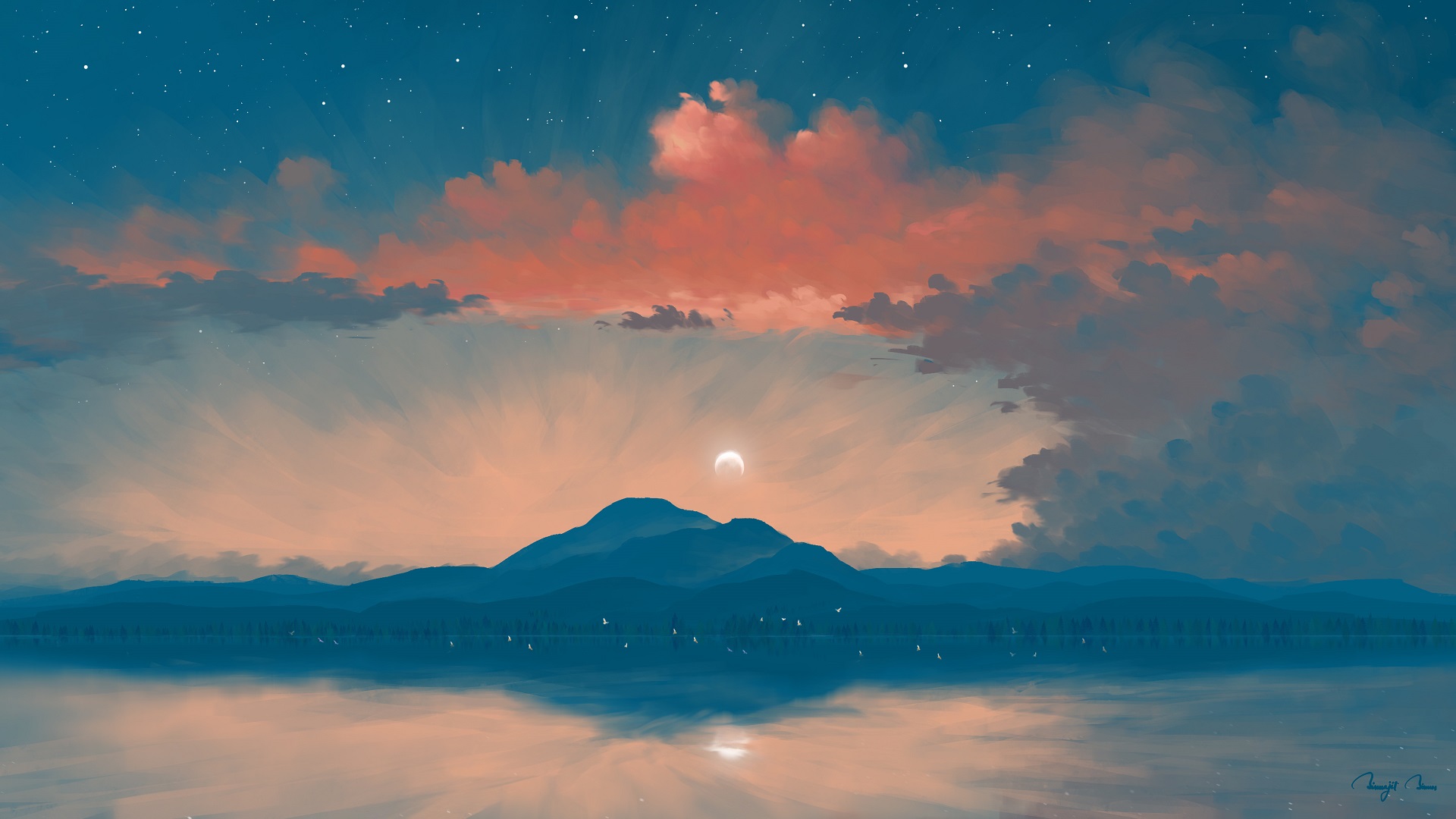 Digital Painting Landscape Sunrise Lake Mountains Sky Clouds BisBiswas Wallpaper:1920x1080