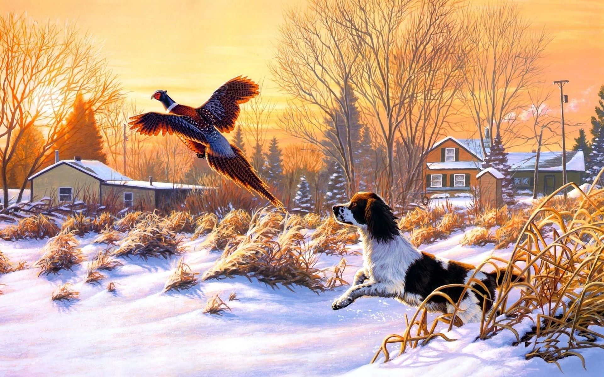 Frank Mittelstadt Getting Up Art Nature Winter Snow Hunting Dog Bird Fly Sunrise Painting