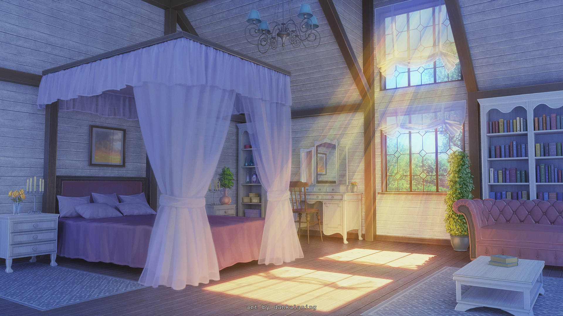 Download Cozy Canopy Anime Bedroom Wallpaper