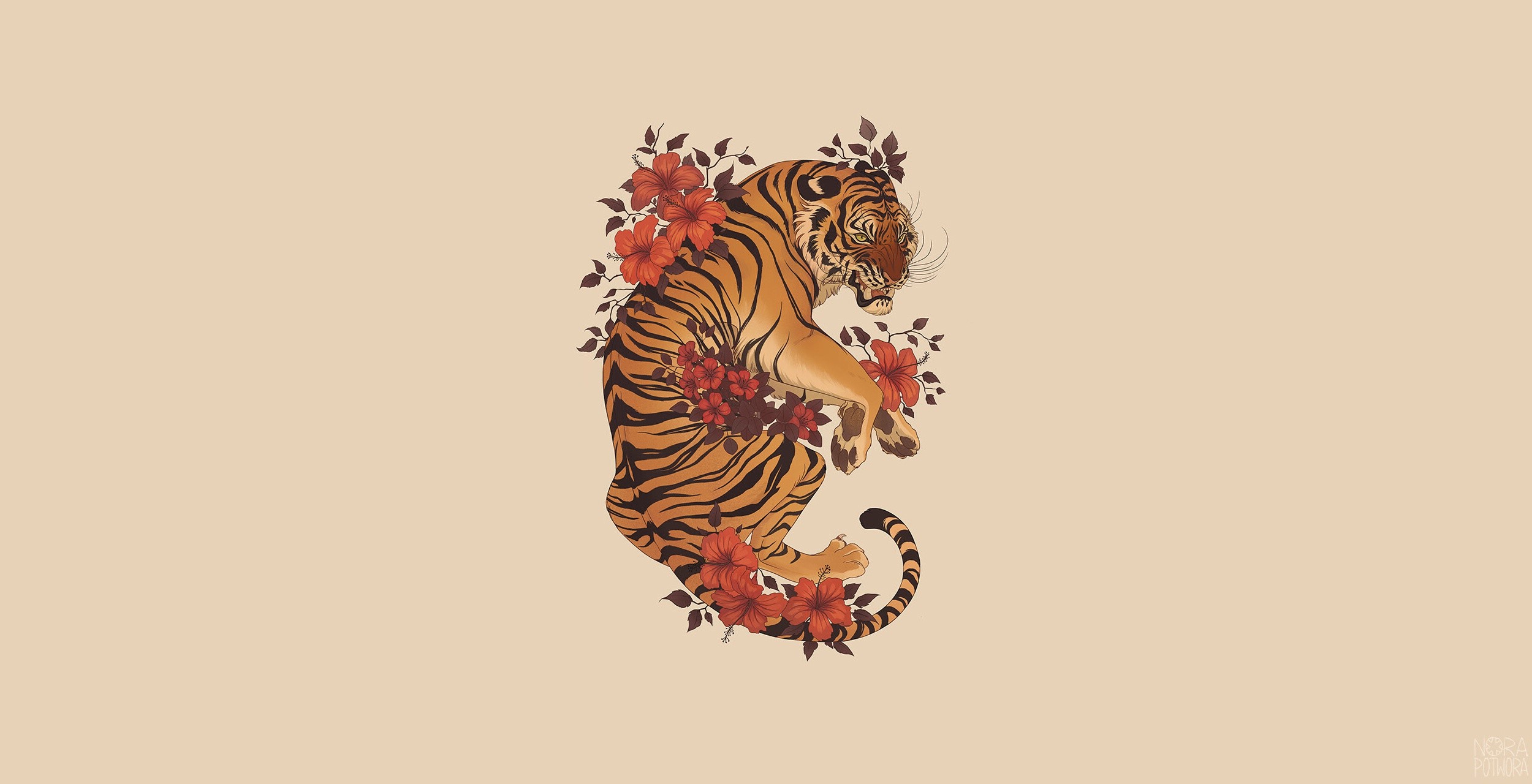 Wallpaper / tiger, artwork, animals, simple background, big cats, beige, beige background free download