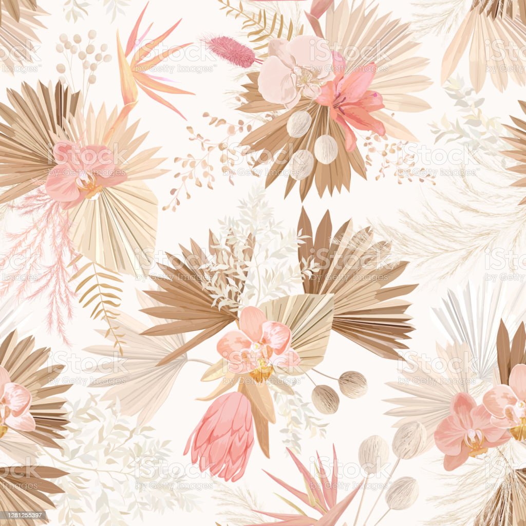 Seamless Tropic Floral Pattern Pastel Dry Palm Leaves Watercolor Boho Tropical Flower Orchid Protea Vector Illustration Design For Fashion Textile Texture Fabric Wallpaper Cover Stock Illustration Image Now