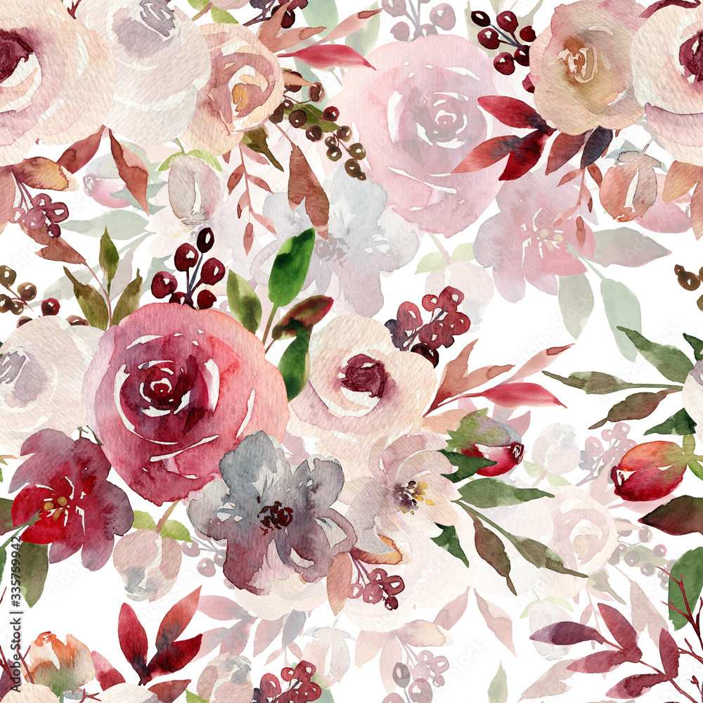 Watercolor seamless pattern with boho flowers. Burgundy roses and leaves. Vintage wallpaper. Best for prints, scrapbooking, fabric, bedding textile, wrapping paper, giftboxes. Hand painted retro Stock Illustration