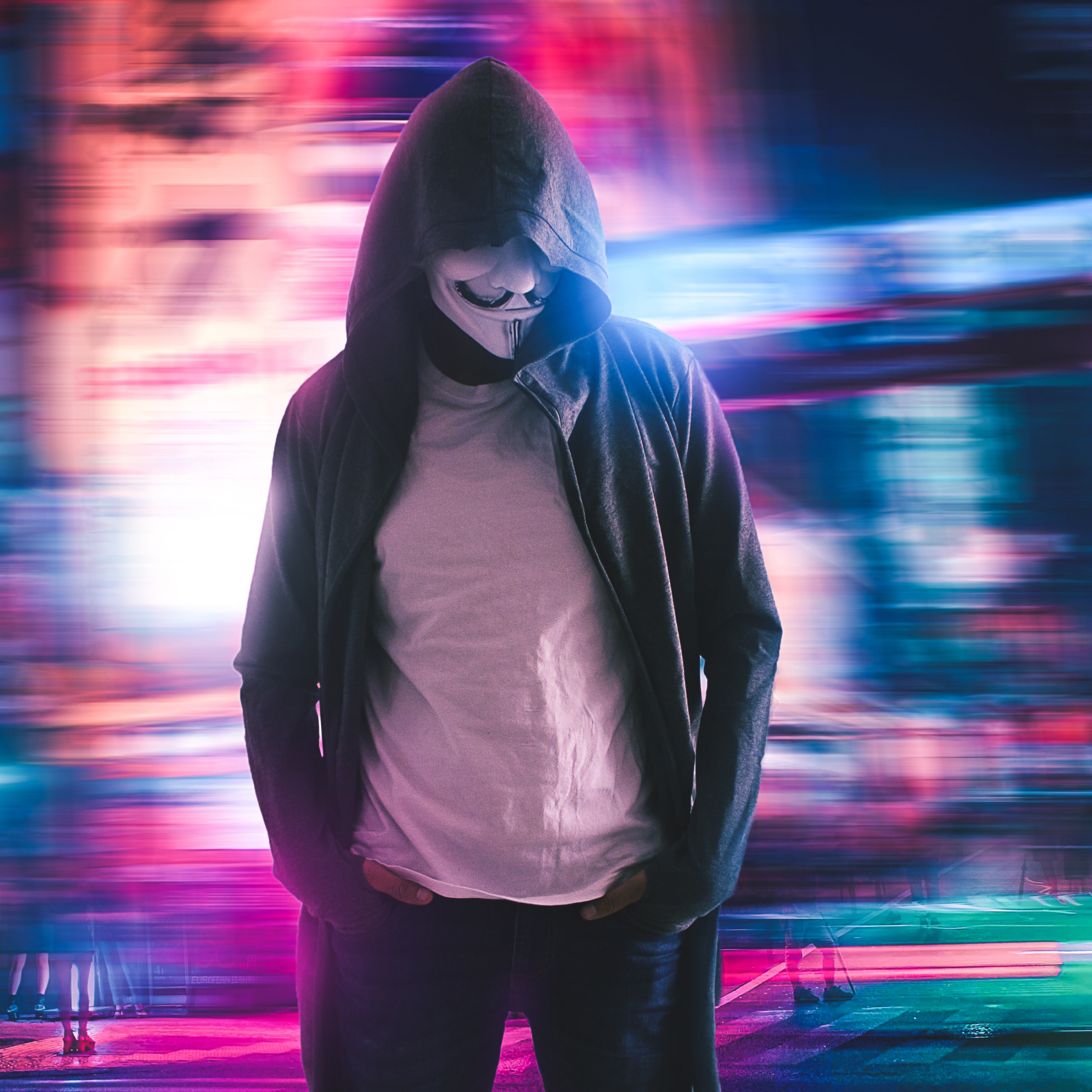 Anonymous Wallpaper 4K, Neon, City lights, Photography