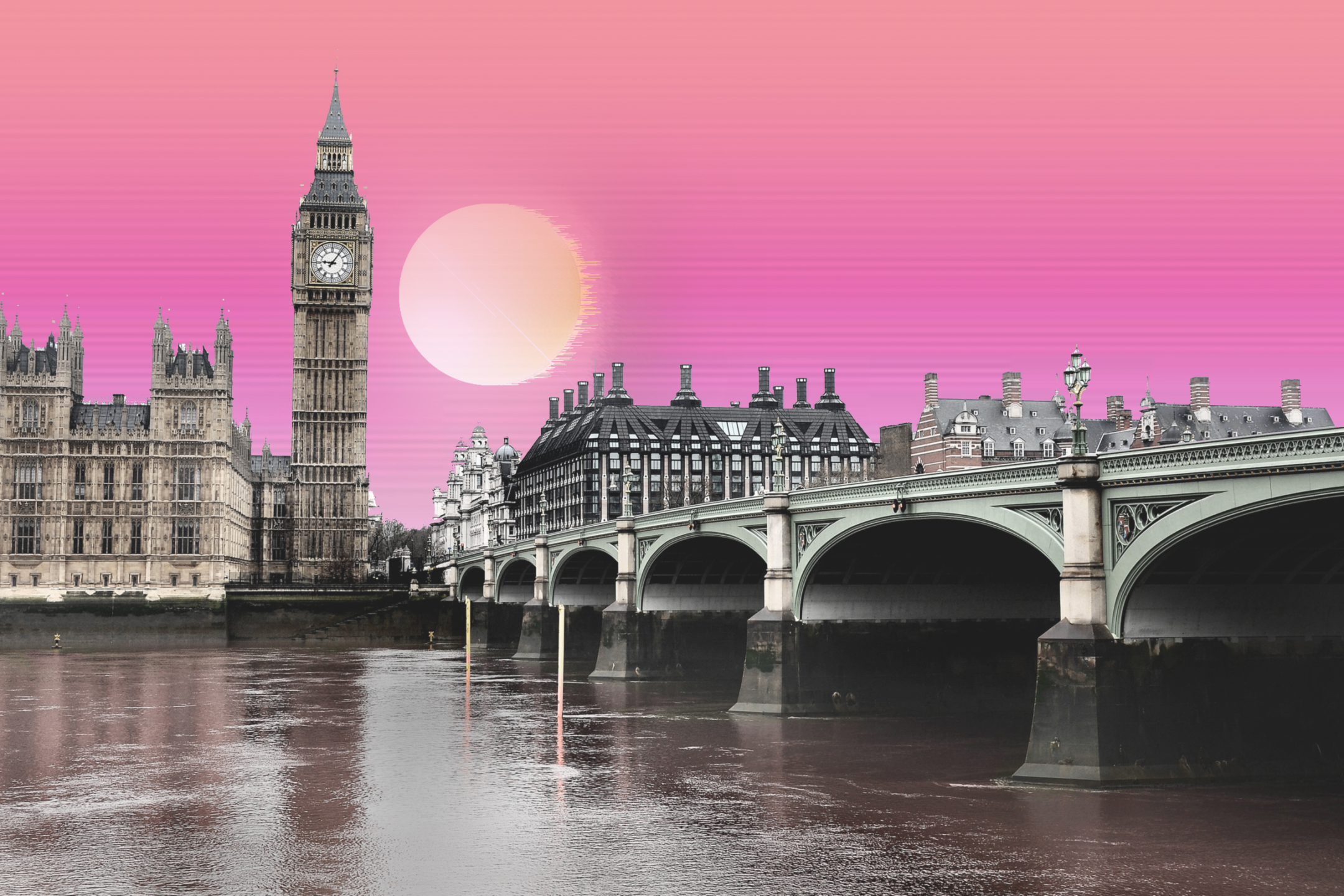 HD desktop wallpaper: London, Big Ben, Bridge, Artistic, United Kingdom, Palace Of Westminster, Vaporwave download free picture
