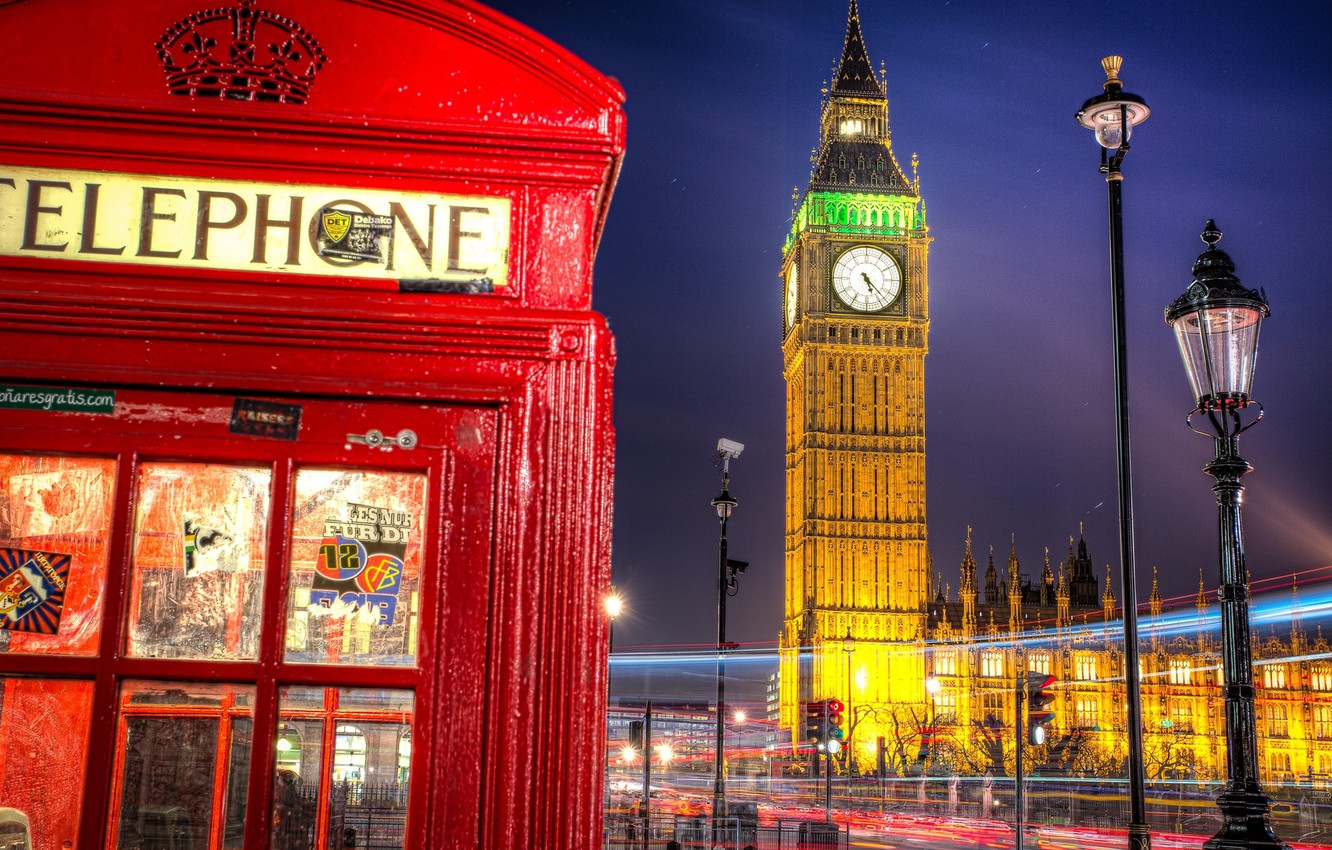 Wallpaper road, night, the city, England, London, excerpt, lighting, lantern, UK, Big Ben, booth, phone, The Palace of Westminster, London, England, Big Ben image for desktop, section город