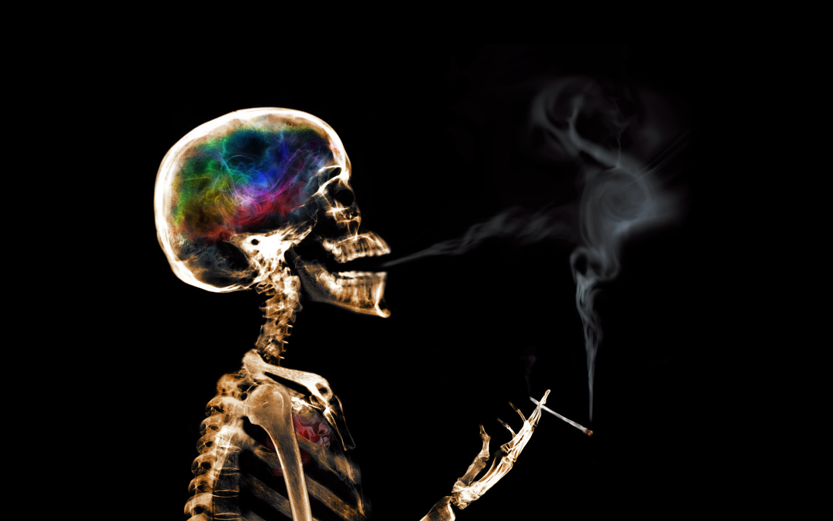 Wallpaper, skeleton, smoking, skull, colorful, smoke, artwork 1680x1050