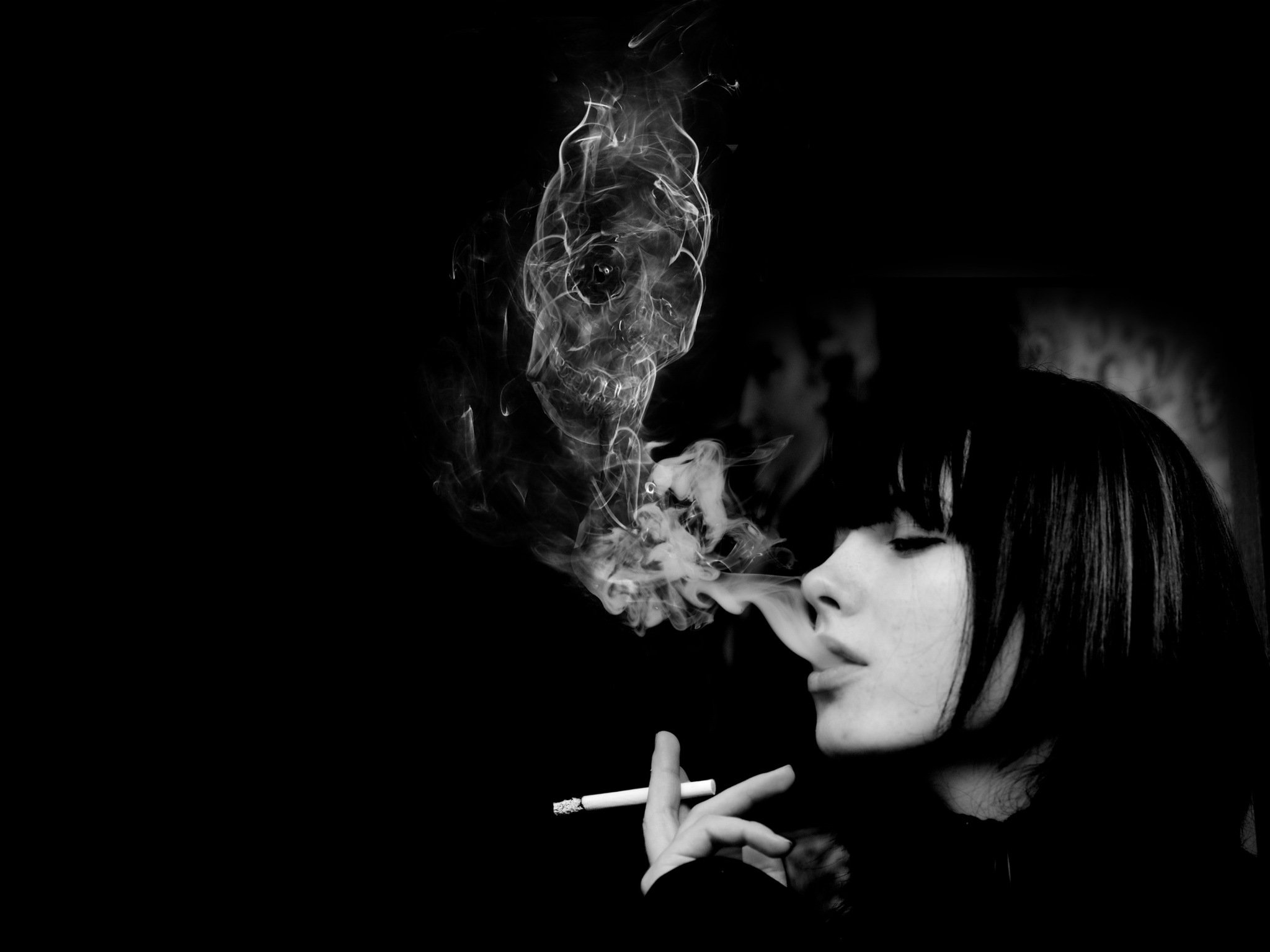 Wallpaper, 2048x1536 px, black, cigarette, End, skull, smoke, white 2048x1536