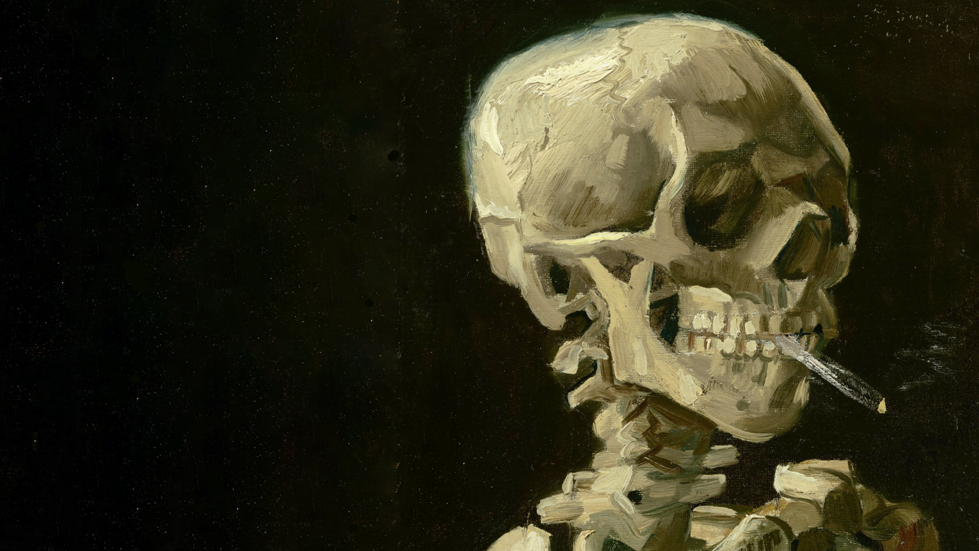 Skull of a Skeleton with Burning Cigarette, by Vincent van Gogh [1920x1080]