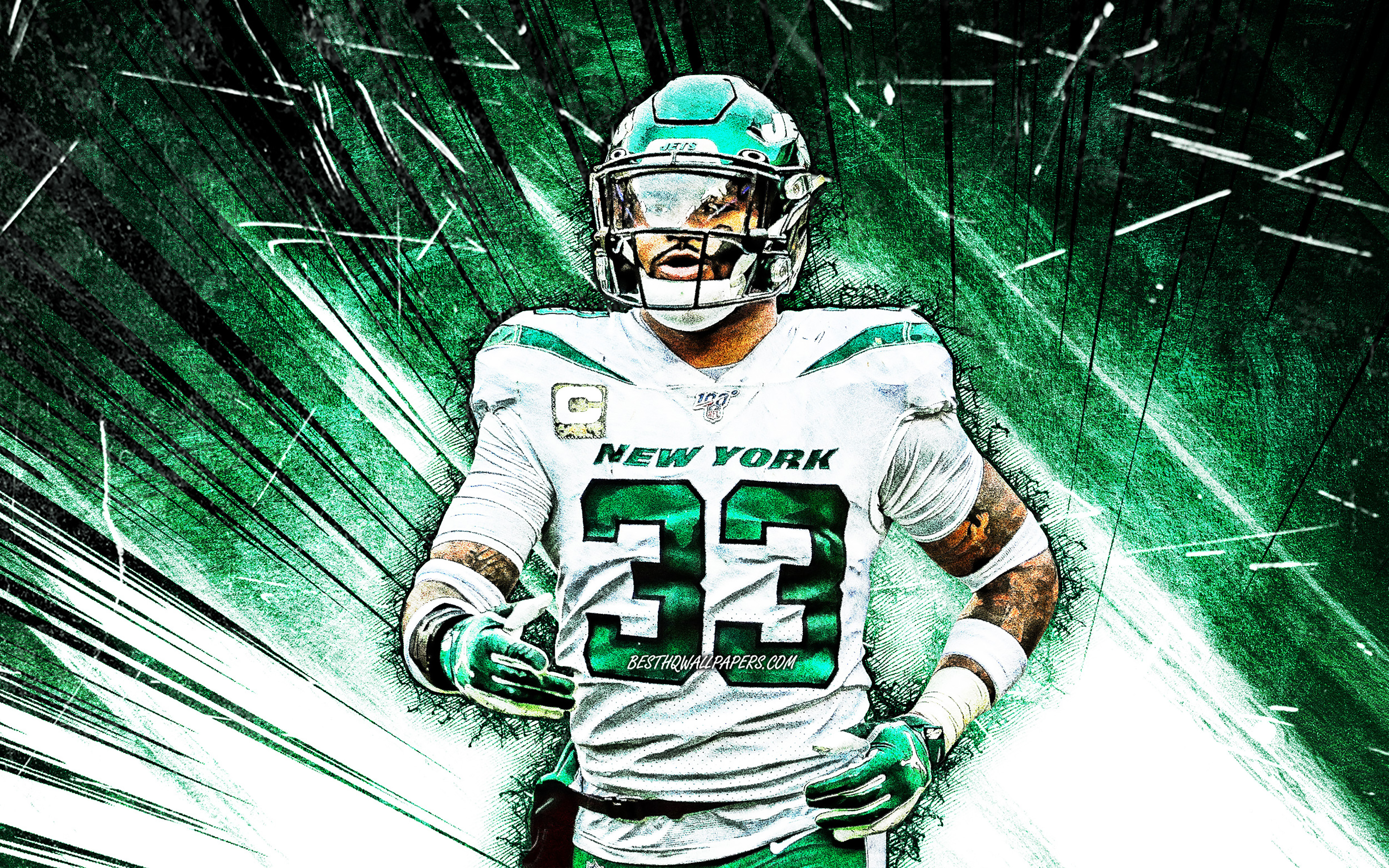 Download wallpaper Jamal Adams, green abstract rays, New York Jets, NFL, 4k, american football, Jamal Lee Adams, grunge art, National Football League, Jamal Adams 4K, NY Jets, Jamal Adams Jets, strong safety