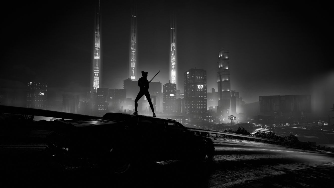 Wallpaper Cyberpunk, Cyberpunk 2077, Cyberpunk 2020, Night, Black and White, Background Free Image