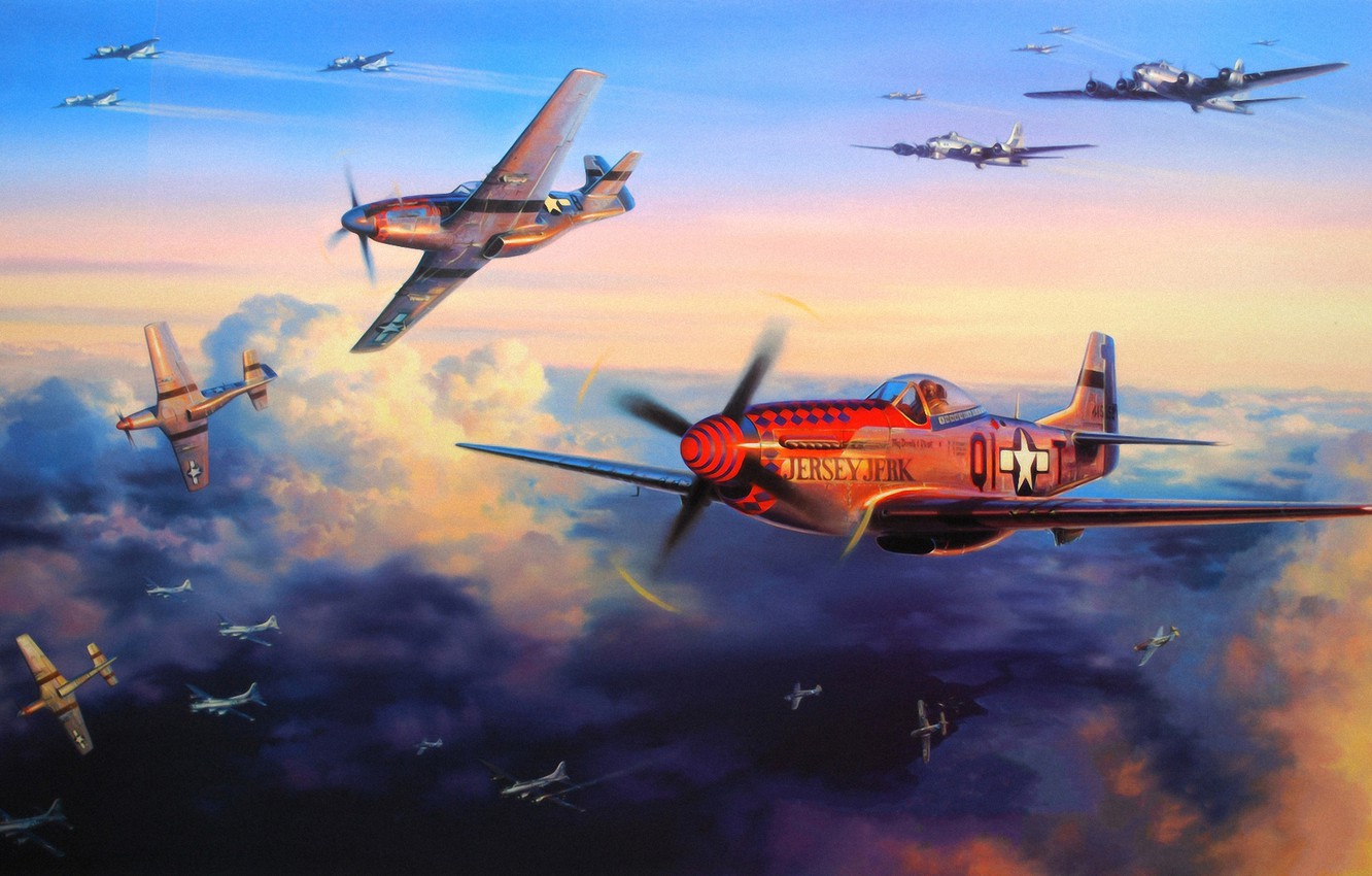Wallpaper Aircraft, War, Art, Airplanes, Painting, Aviation, Drawing, Ww Dogfight, B P 51d, Bombing Image For Desktop, Section авиация