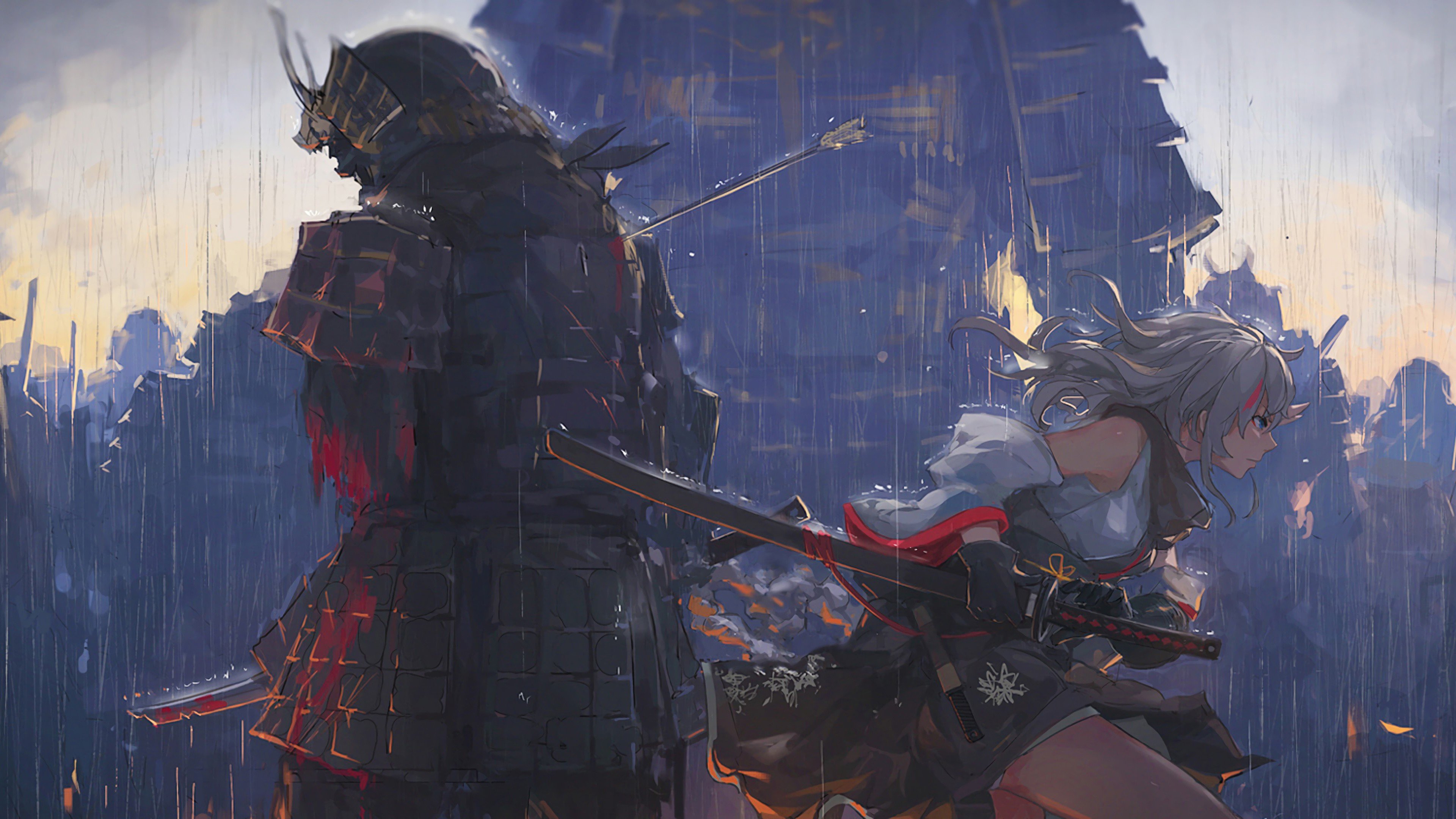 Samurai, Fighting, Anime, Girl, 4K, 3840x2160 Gallery HD Wallpaper