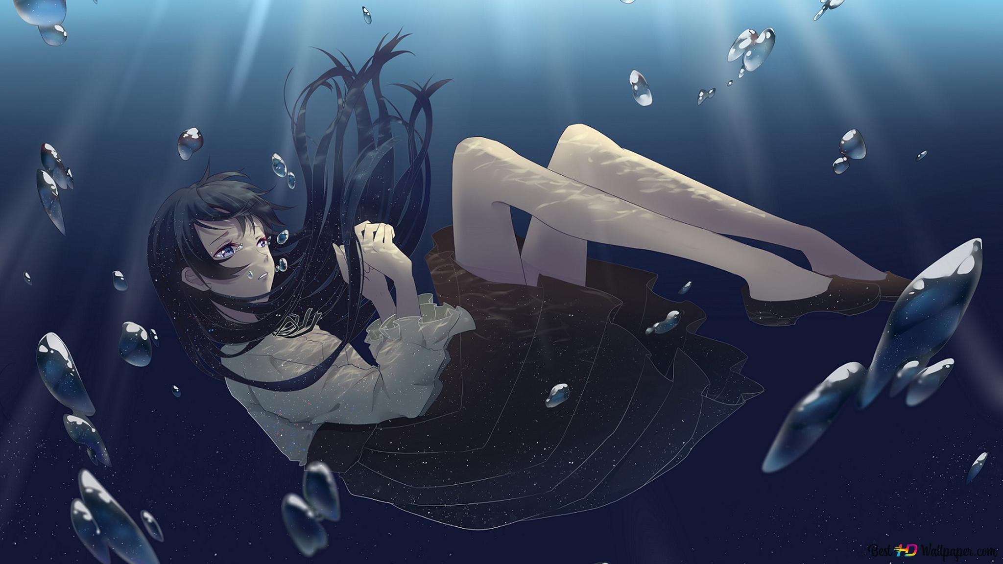 Anime girl, falling down, bubbles, underwater, Anime, HD phone wallpaper