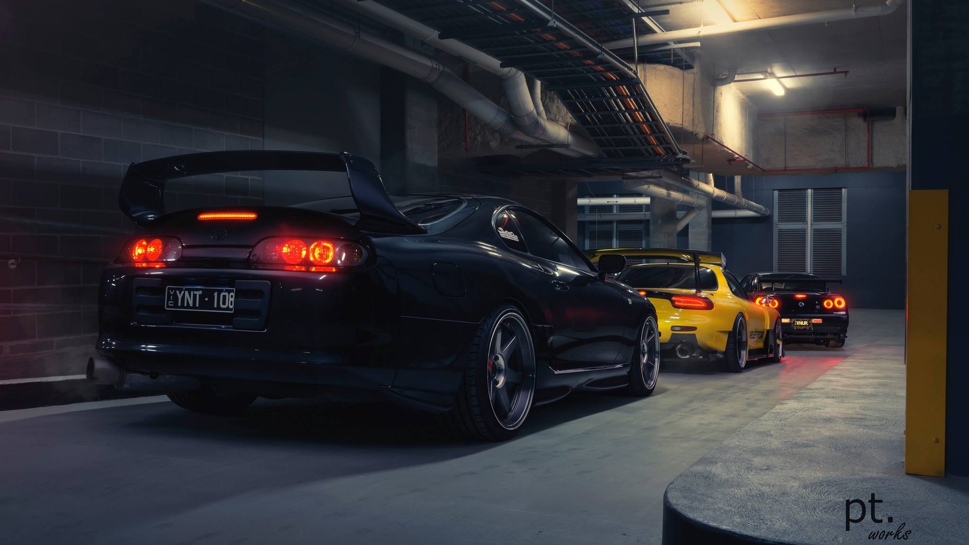 Wallpaper, Toyota Supra MK4, Toyota Supra, Mazda RX 7 FD, Mazda RX 7, Nissan Skyline GT R R34, Nissan Skyline, Japanese cars, JDM, car, vehicle, concrete, lights 1920x1080